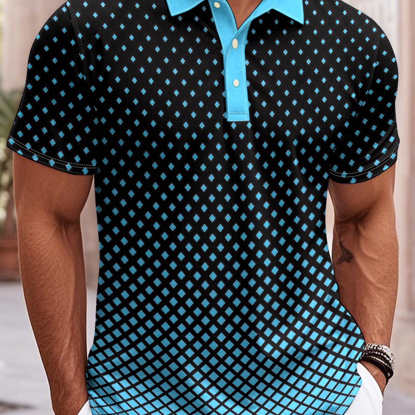 TEMU [printed Design â Not Textured] Men's Short-sleeve Shirt, Light Blue With Black And Blue Gradient, Light Blue Diamond Geometric Pattern, Lapel