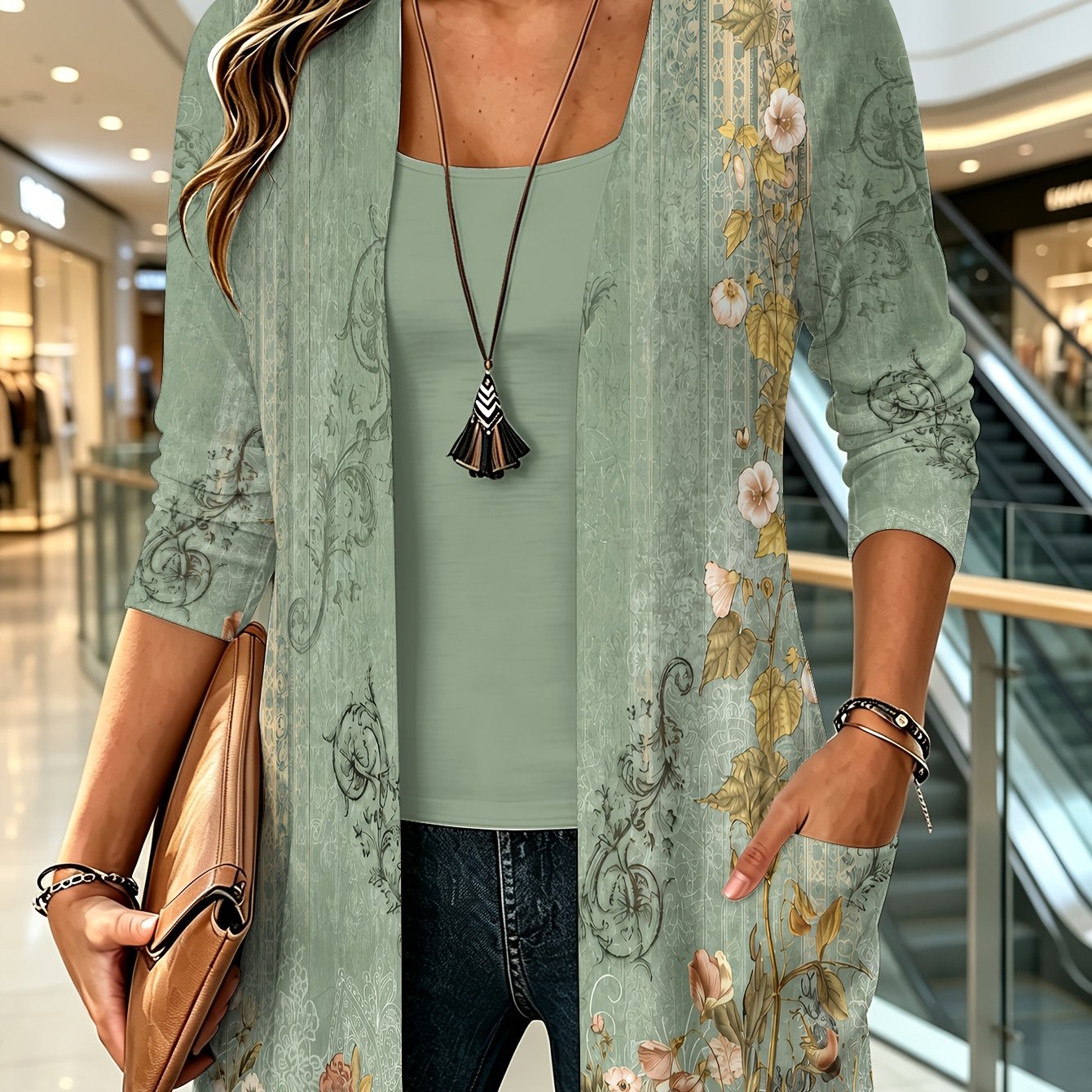 TEMU Plus Size, Printed Design Not Textured Floral Pattern, Classic And Elegant Style, Women's Casual 2pcs Top Set, Printed Outer Jacket With Solid