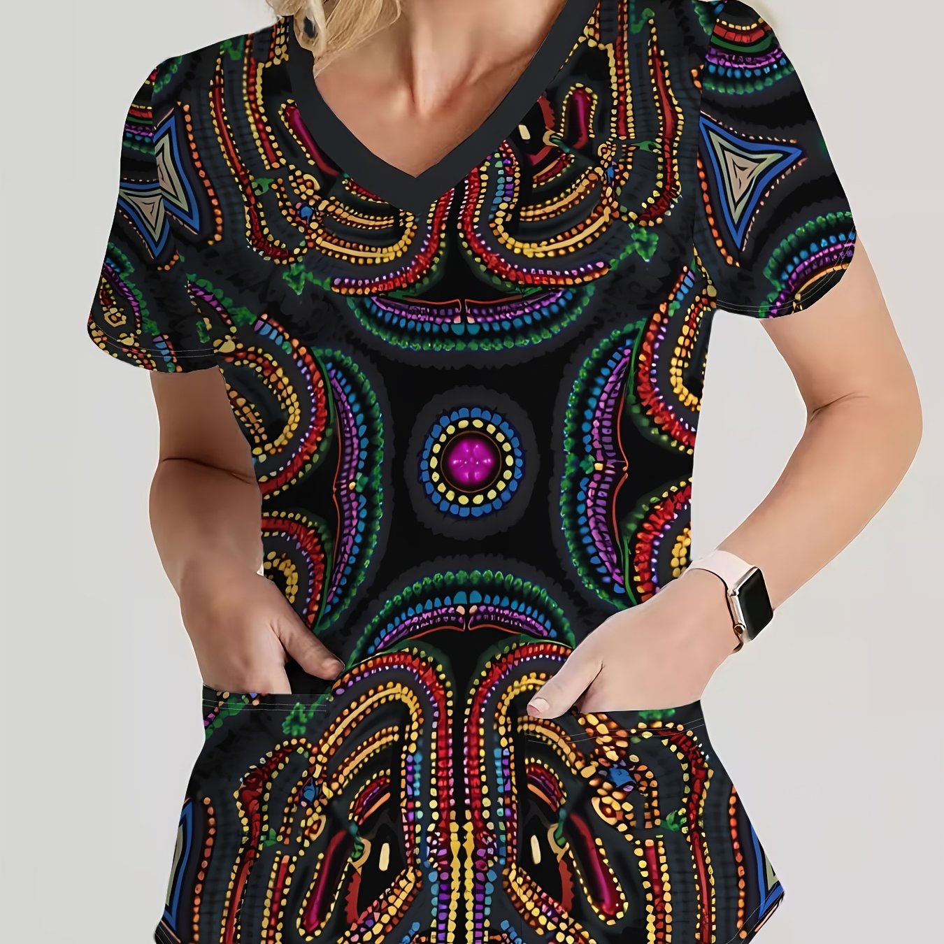 TEMU Elegant Women's Fashion V-neck Short Sleeve Comfortable Top, Wear, Vibrant And Pattern, Colorful Ethnic (with Pockets) Made From Soft,