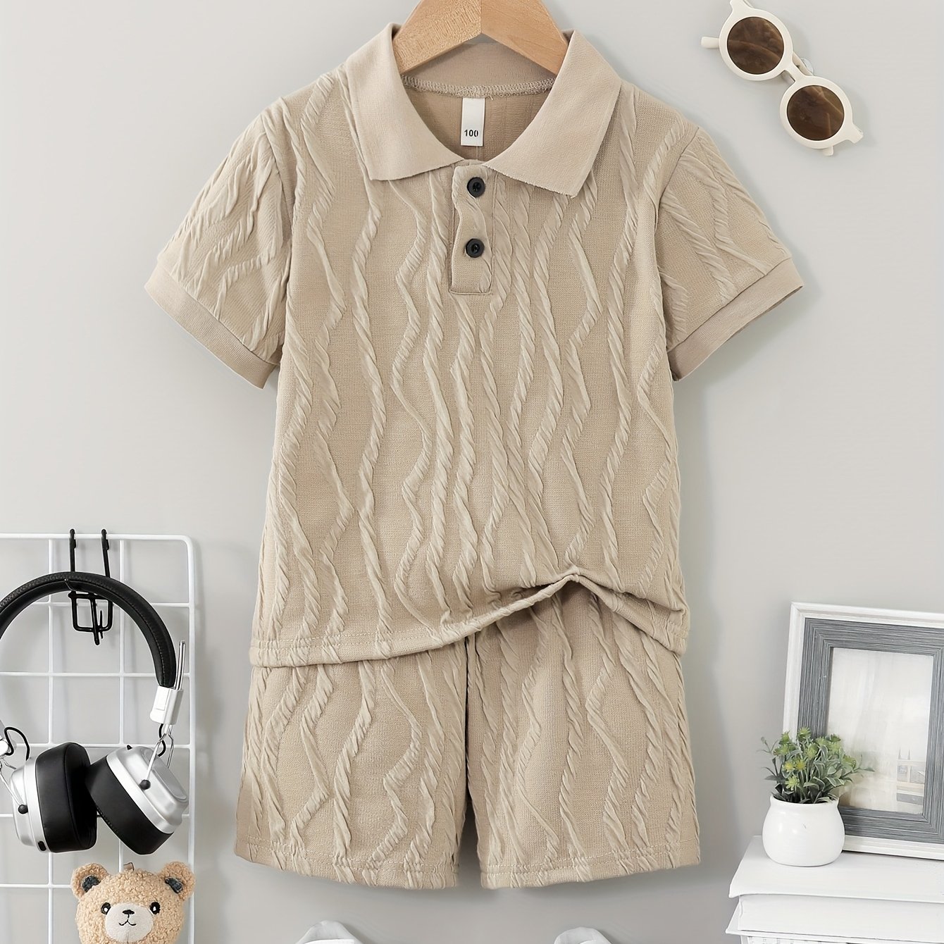' Summer Fashion New Solid Color Lapel Shirt Jacquard Fabric Casual Easy Comfortable All-match Short Sleeve Shorts Set, For Outdoor