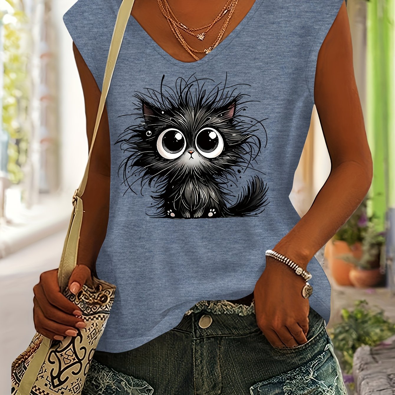 TEMU T-shirt débardeur printemps-été à col en V et manches courtes avec un imprimé de chat sarcastique