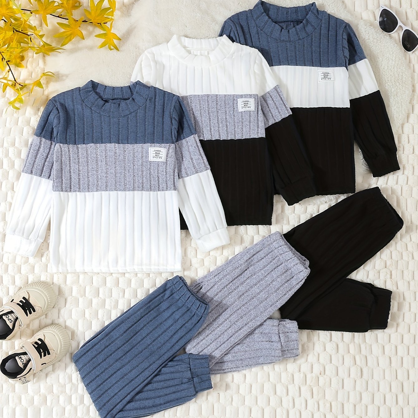 Image of 3pcs Boys' Set: Ribbed Brushed Thickened Contrast- Layer Top & Solid Color Casual Pants, Soft, Stretchy, And Comfortable For Daily , Perfect For Outdoor, Autumn Essentials,christmas,halloween