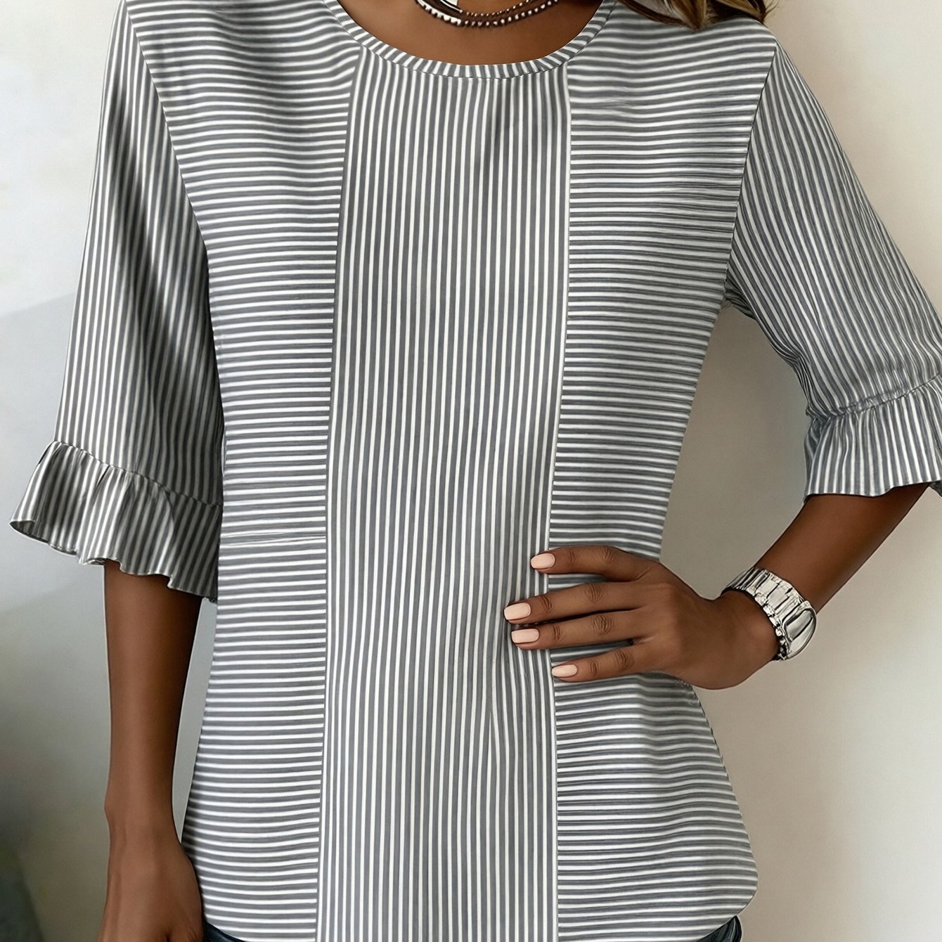 TEMU Early Fall Color Block Striped Round Neck Top, Ruffle 3/4 Sleeve Loose Fit T-shirt, Casual Daily Blouse