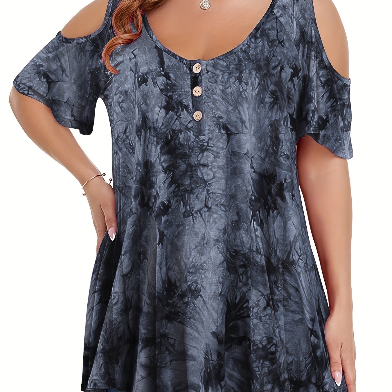 Image of Plus Size Women's Casual Tie-dye Print Off-shoulder T-shirt With Button Front & Bell Sleeves - Short Sleeve Round Neck Blouse, Machine Washable For Casual Attire, Blouse, Comfortable Fabric