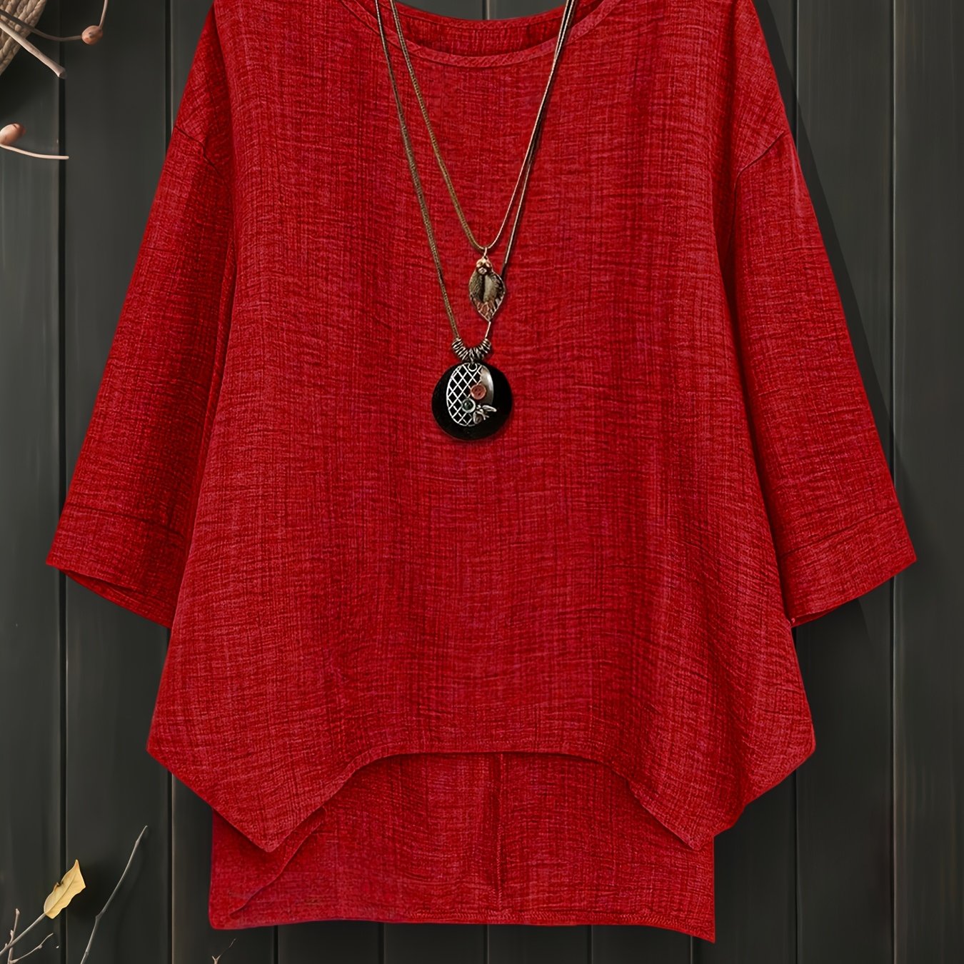 Image of Plus Size - Plus Size - Plus-size Women'-quarter Sleeve Shirt, Solid Color, Round Neck, Drop Shoulders, Versatile, Loose, Elegant And Beautiful Shirt, Additions Not Included (specific Style)