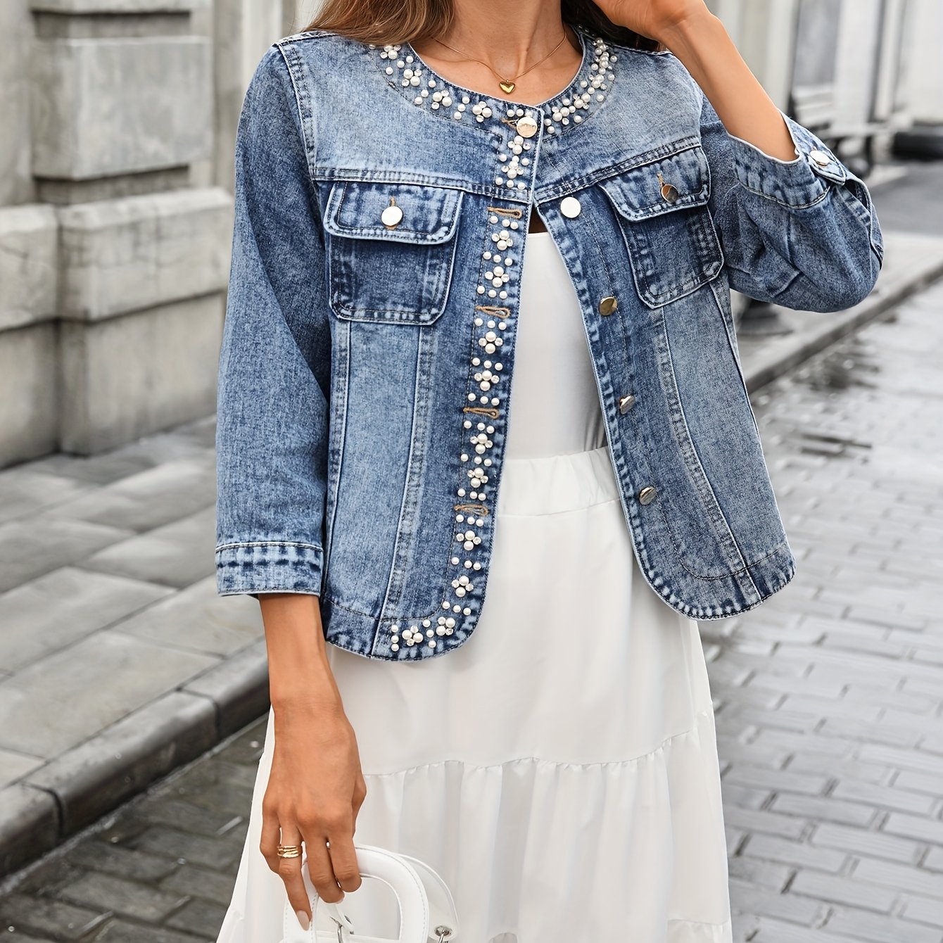 Image of Low-neck Beaded Denim Jacket For Women, Classic Elegant Style Top