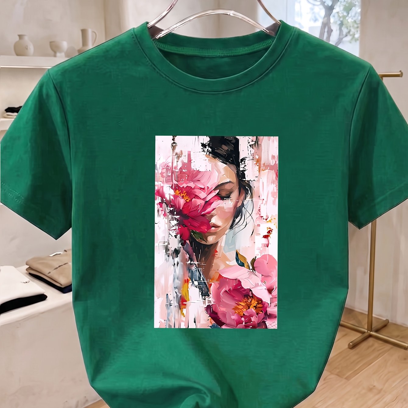 TEMU Summer Women's Clothing, Short-sleeve T-shirts With Floral Portrait Oil Painting Prints, Age-reducing Tops