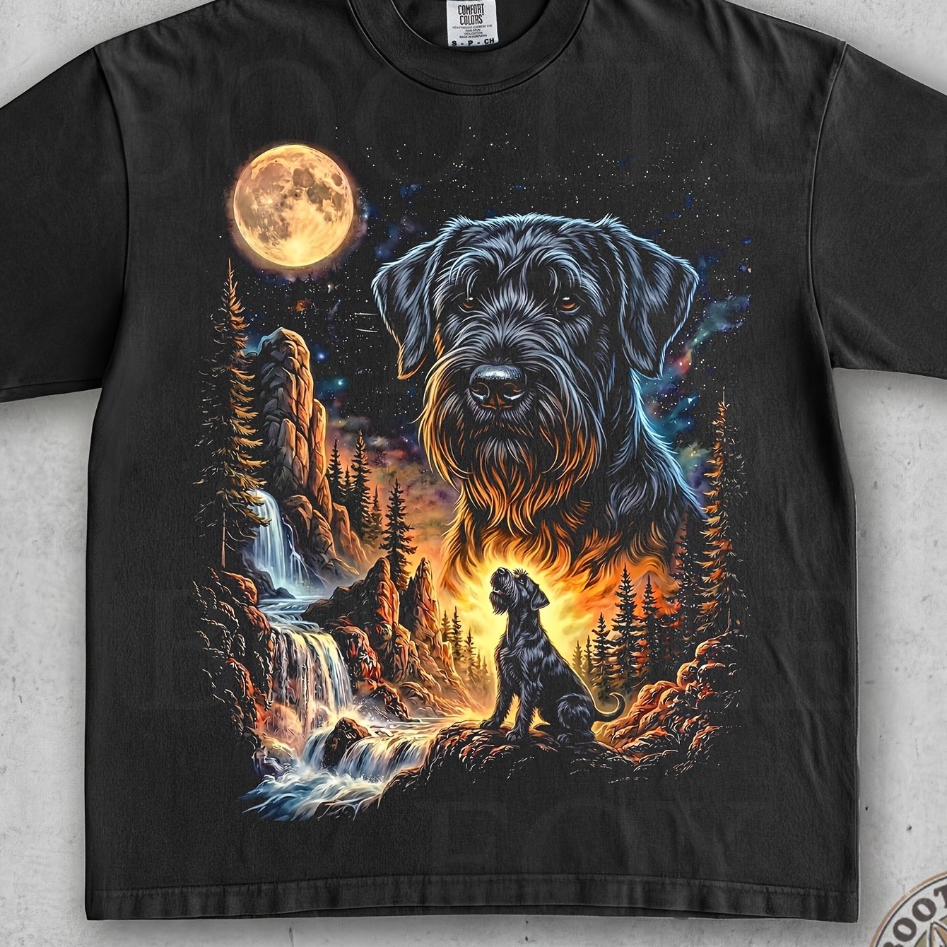 Image of Giant Schnauzer Dog Graphic Tee Bearded Dog Moon T Shirt Retro Forest Night Top Lover Outfits Present For Dad Husband Mens Crewneck 180g Cotton T Shirt