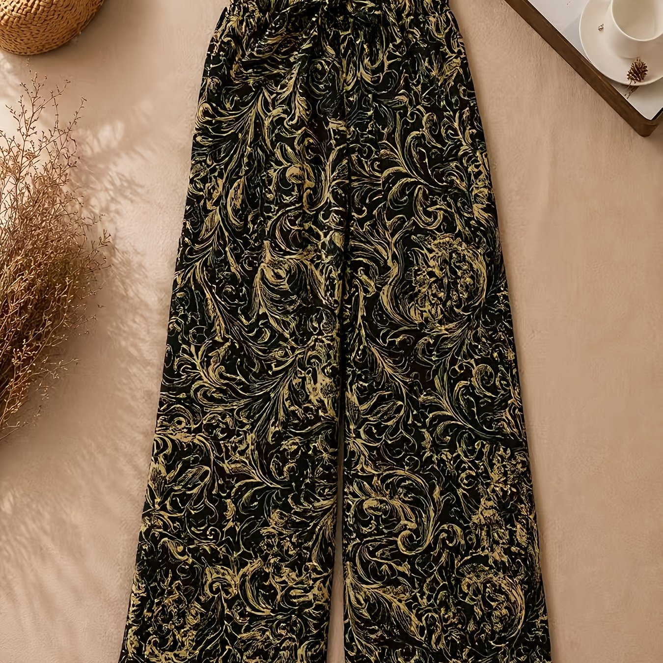 TEMU Women's Paisley Print Wide-leg Pants, Black And High-waist Elastic Waistband Flowy Casual Trousers