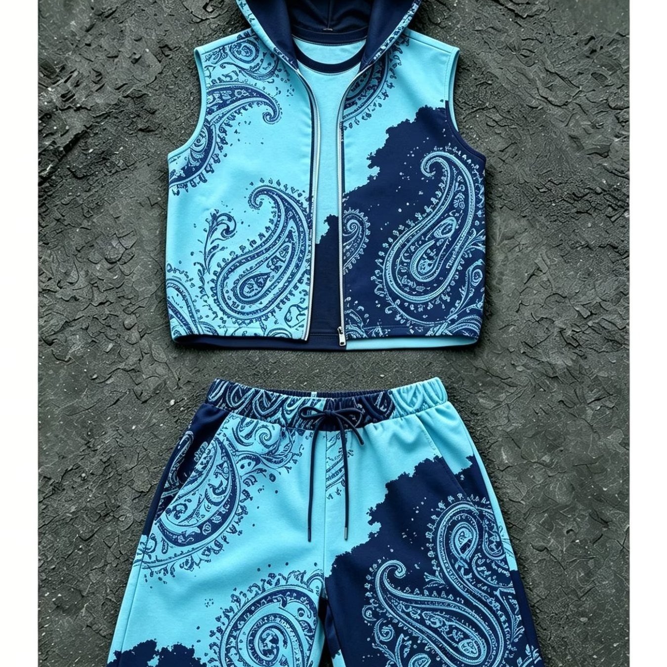 Image of Men's Casual Suit Sleeveless Hooded Men's Suit Summer Street Style Trend Paisley Print Zipper Vest Drawstring Shorts Men's Fashion Adult Men's Casual Wear Sportswear