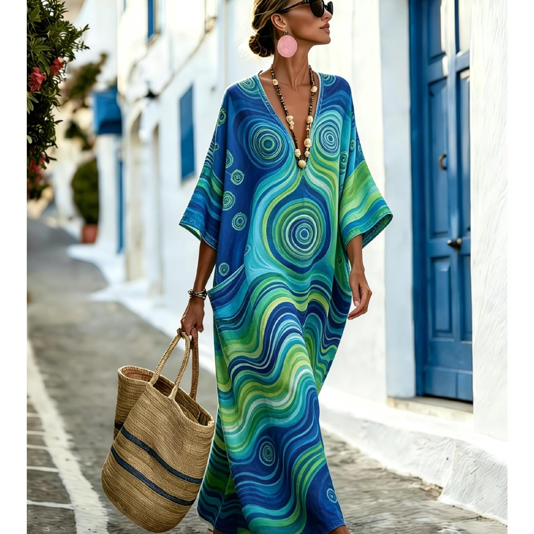 Image of Women's Summer V-neck Dress Blue Green Gradient Ripple Circular Print Vacation Elegant Loose And Comfortable 2 Pockets Machine Washable Suitable For Daily Wear And Party Gatherings Perfect As A Gift