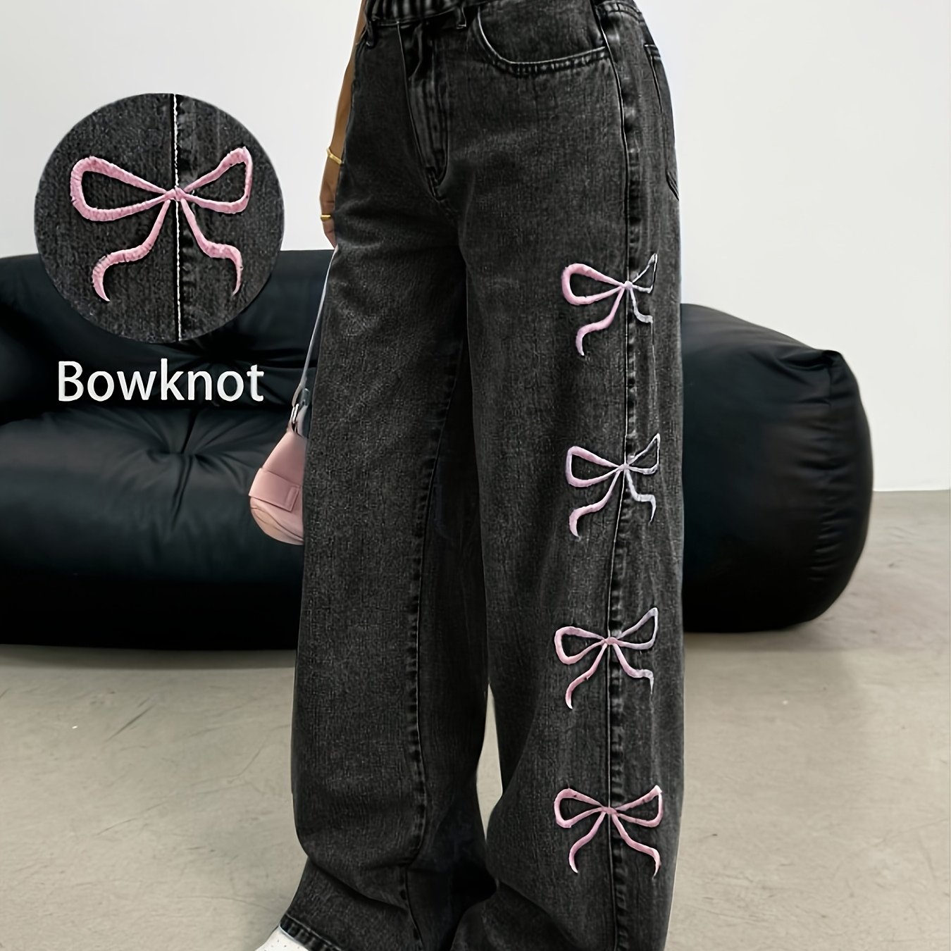 Image of Y2k Teen Girl Jeans, Pink Bow Embroidered Trendy Black Denim Pants For Girls, Versatile Fashion For Holidays And Occasions, Stretch Waist For , Breathable Fabric For Daily Wear, Suitable For