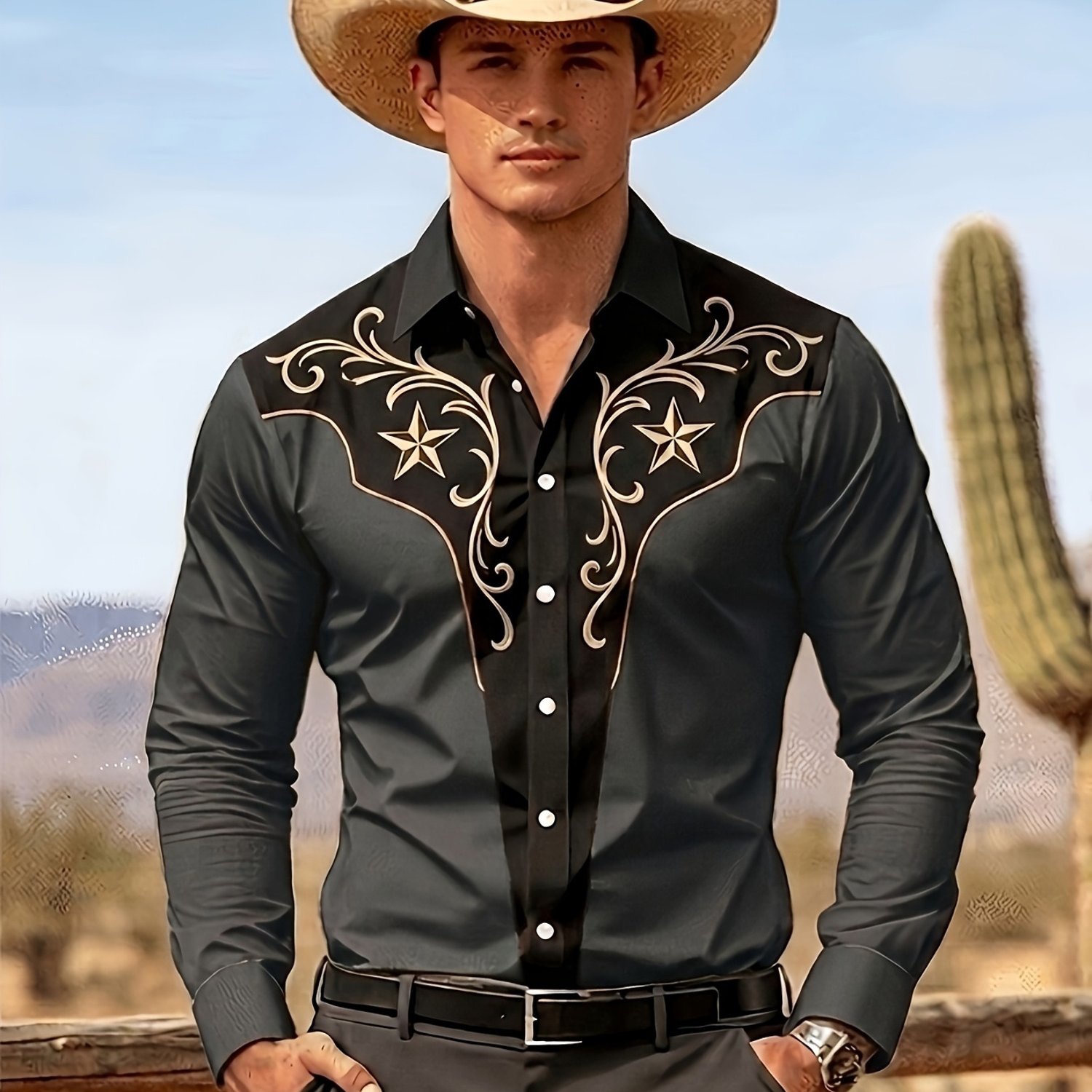 TEMU Men's Casual Fashion Print Long Sleeve Shirt, Scrollwork Pattern, Western , Easy And Grand Motif, Ideal For Outdoor