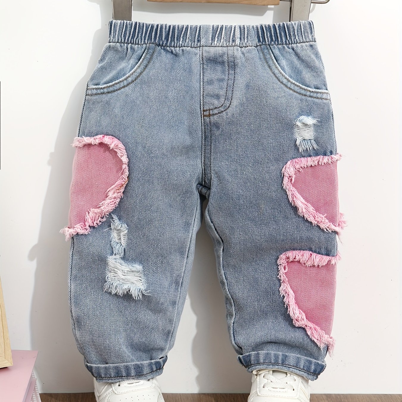 Girls' Christmas & Valentine's Day Heart Patch Denim Jeans For Spring/summer