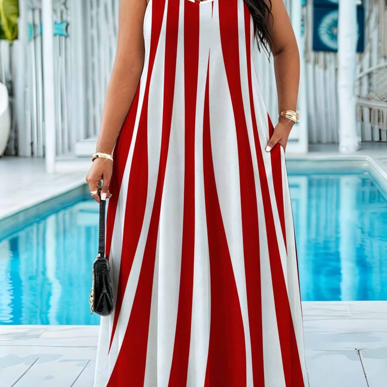 TEMU Plus Size, Plus-size Elegant Zebra-print Camisole Casual Long Dress With Pockets. Fashionable Bohemian Chic Artistic Style, Suitable For