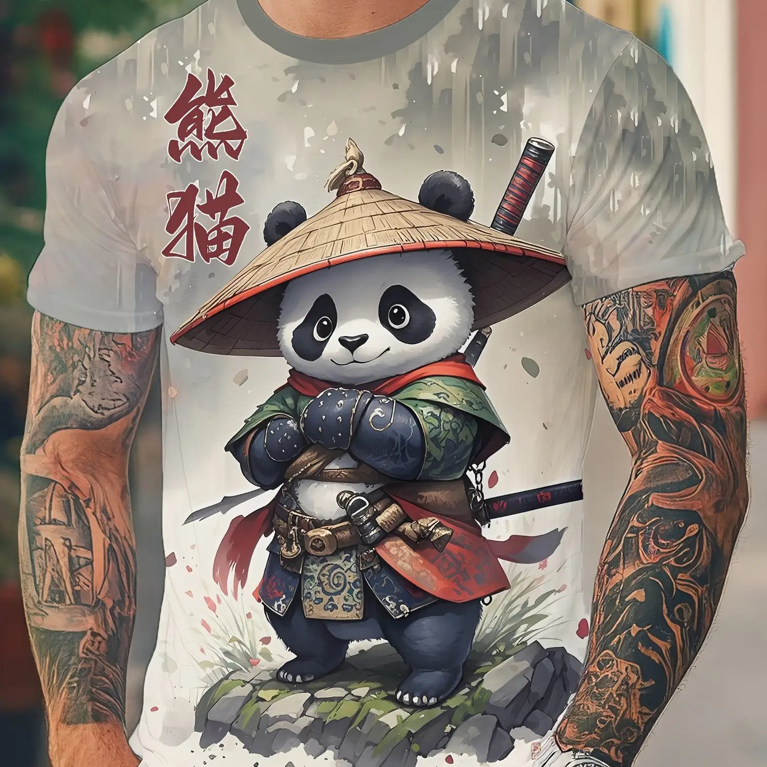TEMU Plus-size Men' Panda T-shirt, Featuring Casual Round-neck Short-sleeve Top With Stretch, Suitable For Sports, Hiking, And Daily Wear - Summer