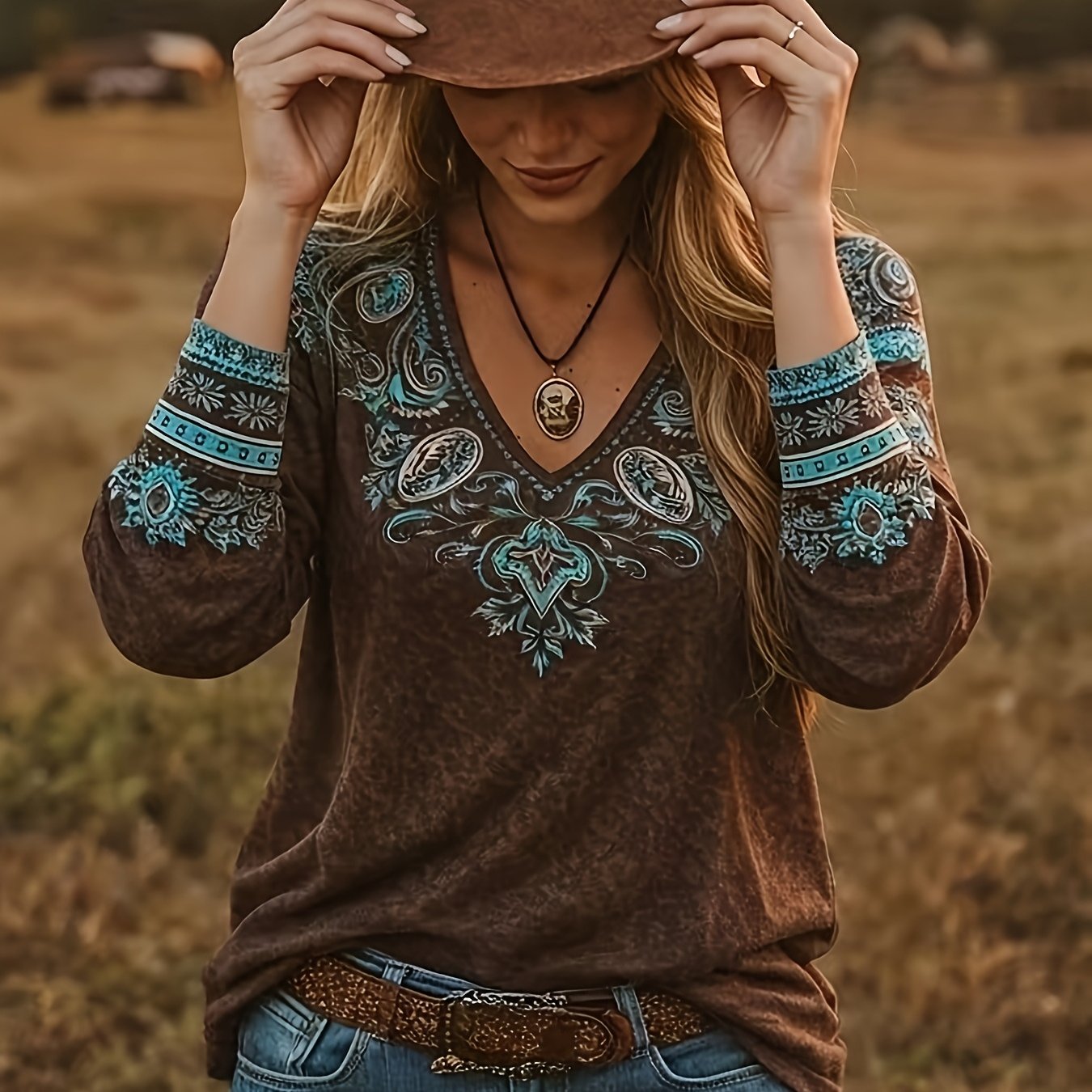 TEMU Wy260510035 Brown Distressed V-neck Long Sleeve T-shirt Women's Bohemian Neck Slim Fit Versatile Spring Autumn Base Layer Top