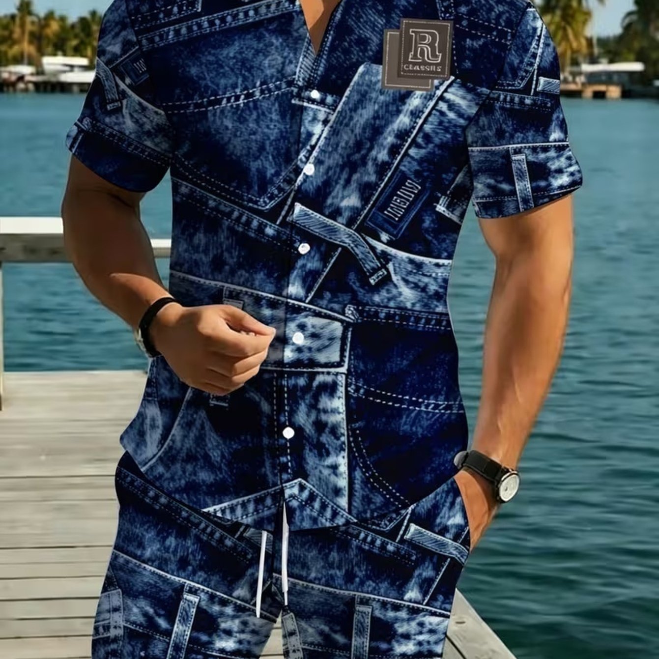 TEMU Workwear-inspired Vacation Set Featuring A Dark Blue Washed Texture, With Simulated Stitching, Pockets, And R-logo Fabric Patches. The Set