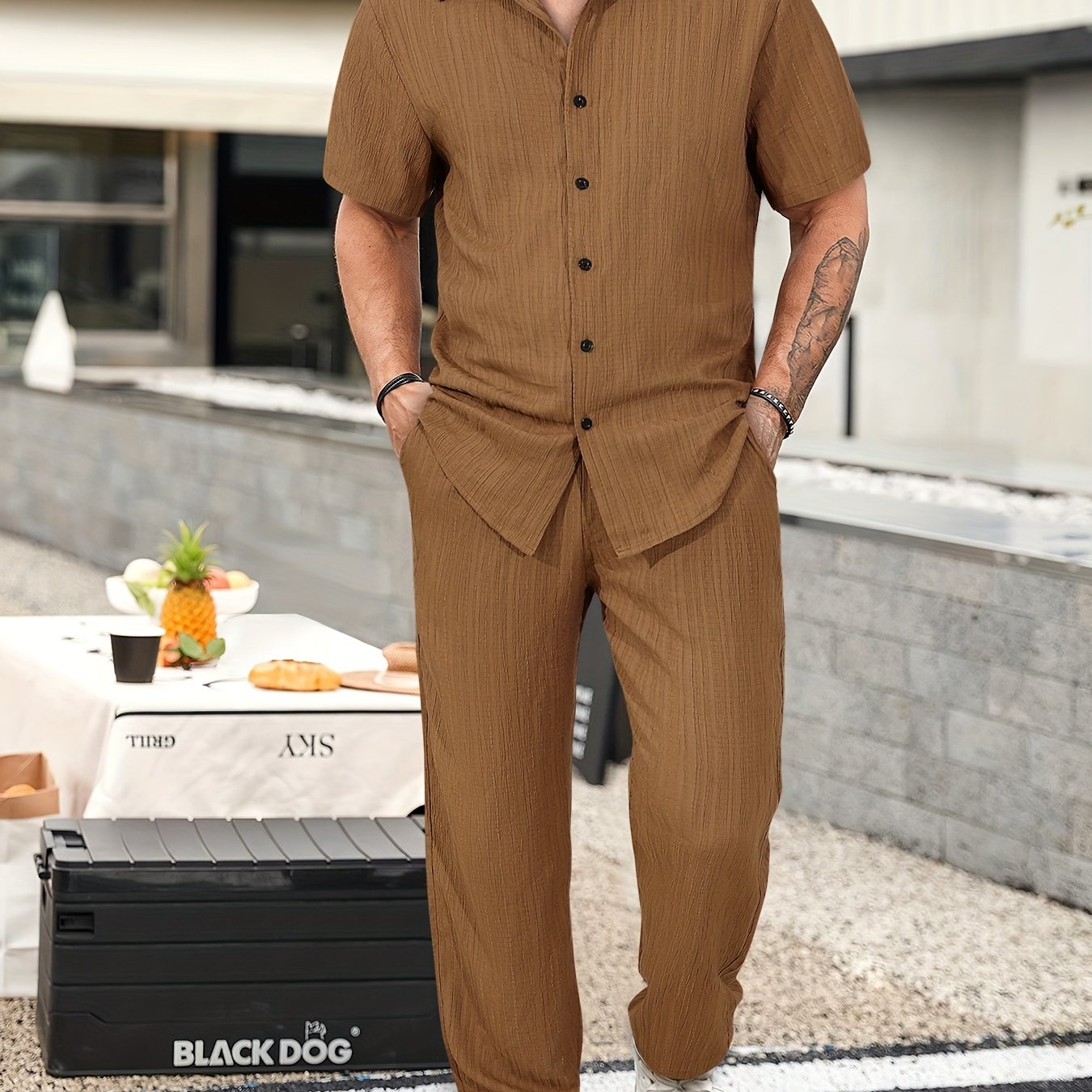 Men's Casual 2-piece Outfit, Summer Solid Color Shirt & Pants Set, Comfy Button Up Shirt, Breathable Drawstring Pants
