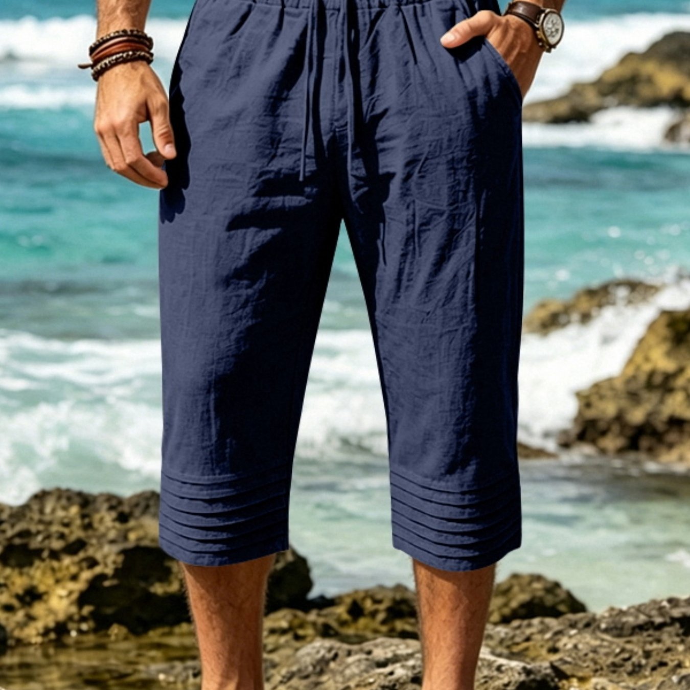 TEMU Men's Summer Linen Look Capri Shorts, Wrinkle Cuff 7/8 Cropped Pants, Drawstring Waist Casual Loose Cropped Trousers