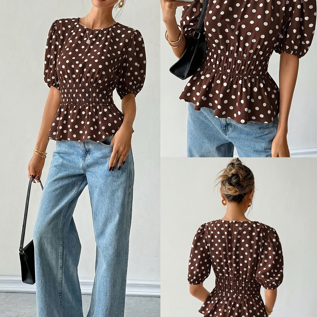 TEMU Women's Polka Dot Print Shirt With Floral Sleeves, Spring Summer Casual Blouse