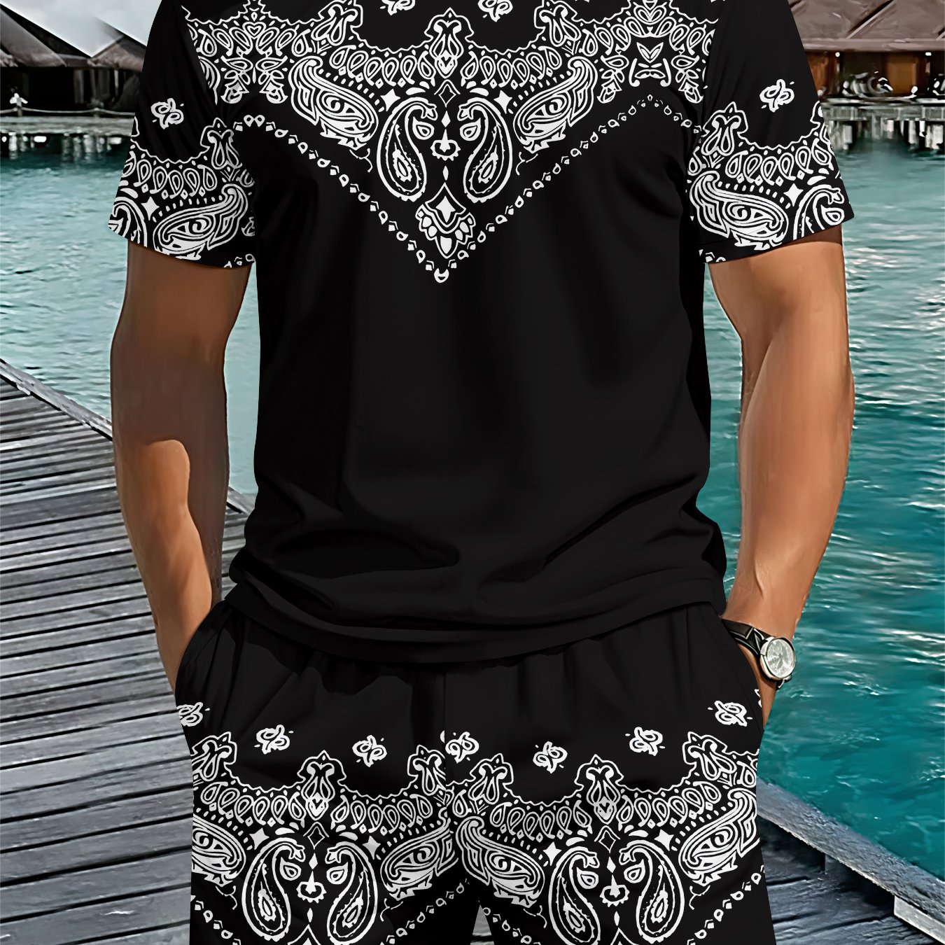 TEMU Men's 3d Round Neck Short-sleeve Set Featuring Retro Style With Paisley , Perfect For Casual And Cultural-themed Outfits, A Must-have For Trendy