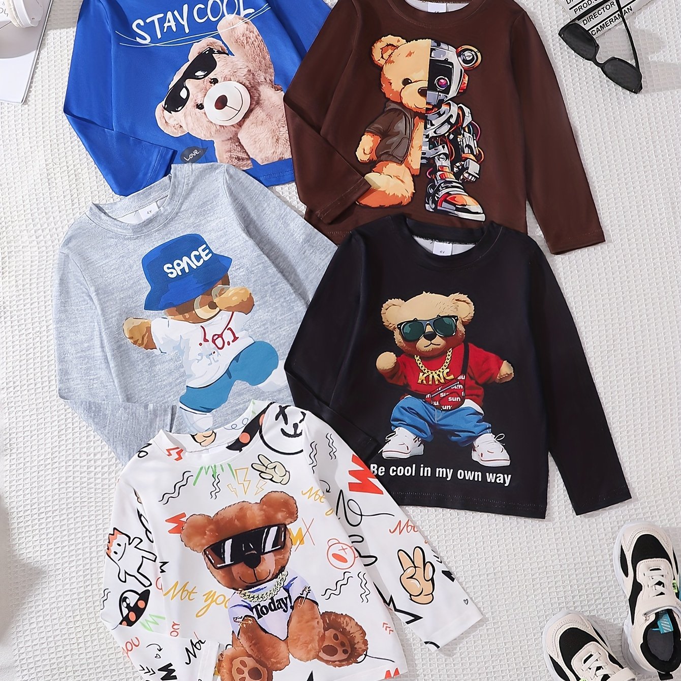 Image of 5pcs Boys' Casual Long Sleeve T-shirts - Cartoon Bear Print Round Neck Tops, Autumn , Hand Wash Only, Graphic Designs For Casual Attire