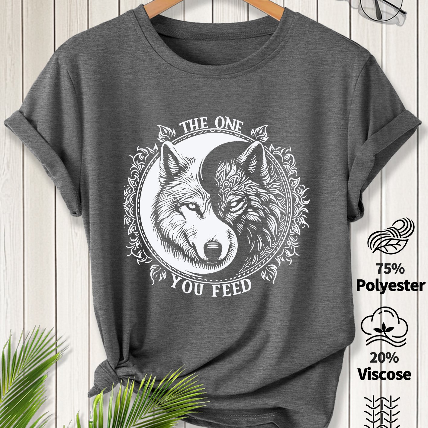TEMU Women's Elegant Short Sleeve Tai Chi Double Wolf Totem And Printed Round Neck T-shirt, Suitable For Spring Summer Autumn Winter Fashionable