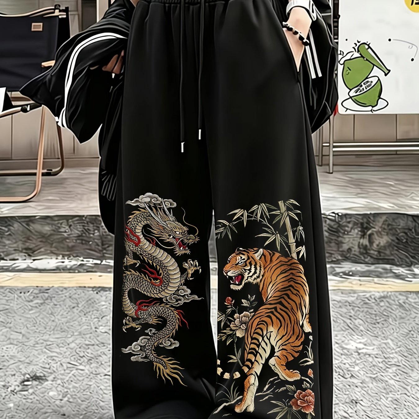 TEMU Y2k Hot Pants, Dragon Totem And Tiger Print, Wide Leg Sweatpants, Elastic Waist Drawstring Trousers, Casual Pants With Pockets, Trendy Trousers