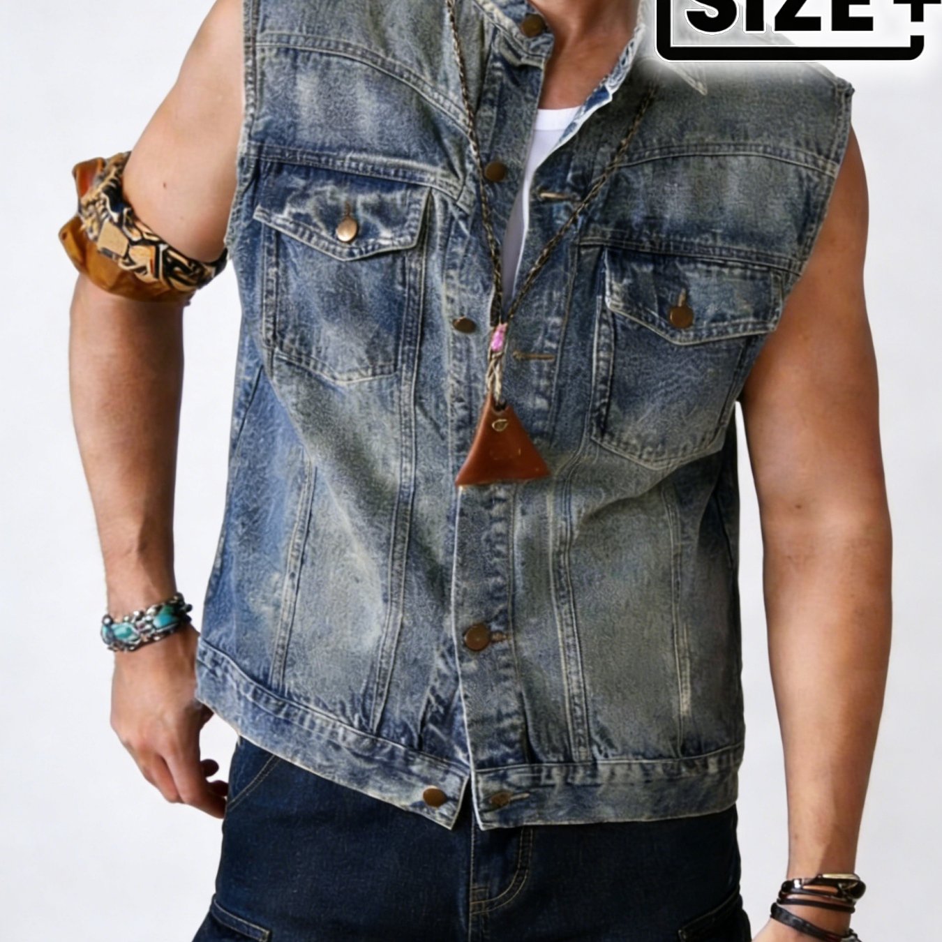 TEMU Amecki Large Men's Vintage Denim Vest, Featuring Blue Distressed Look, Sleeveless With A Collar, Suitable For And Motorcycle Style, Made From