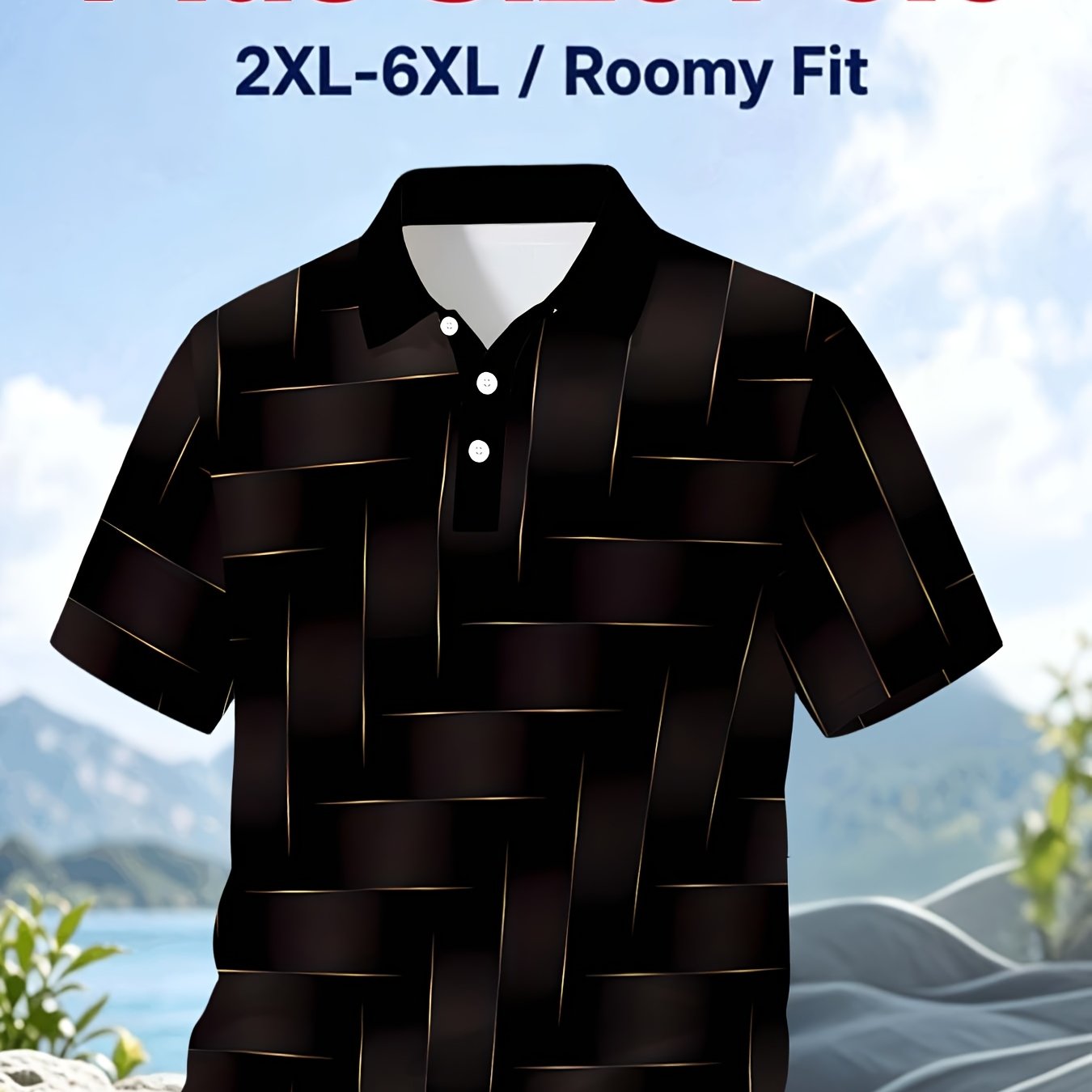 TEMU Men's Shirt - Black With Golden Geometric Pattern, Breathable Stretch Fabric Summer Top, Suitable For Formal And Casual Wear, Machine Washable