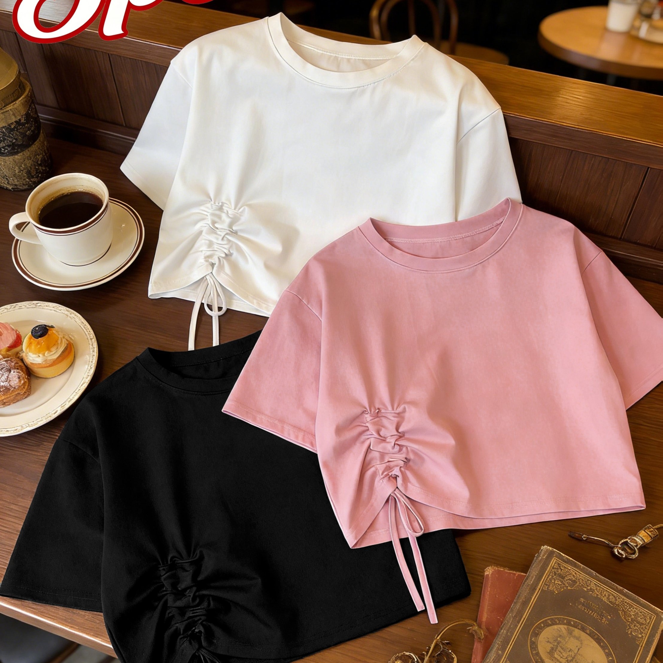 TEMU 3pcs Set: New Women's Drawstring Short-sleeve T-shirts, Round Neck, Soft And Skin-friendly, Adjustable Drawstring Design, Casual And Versatile