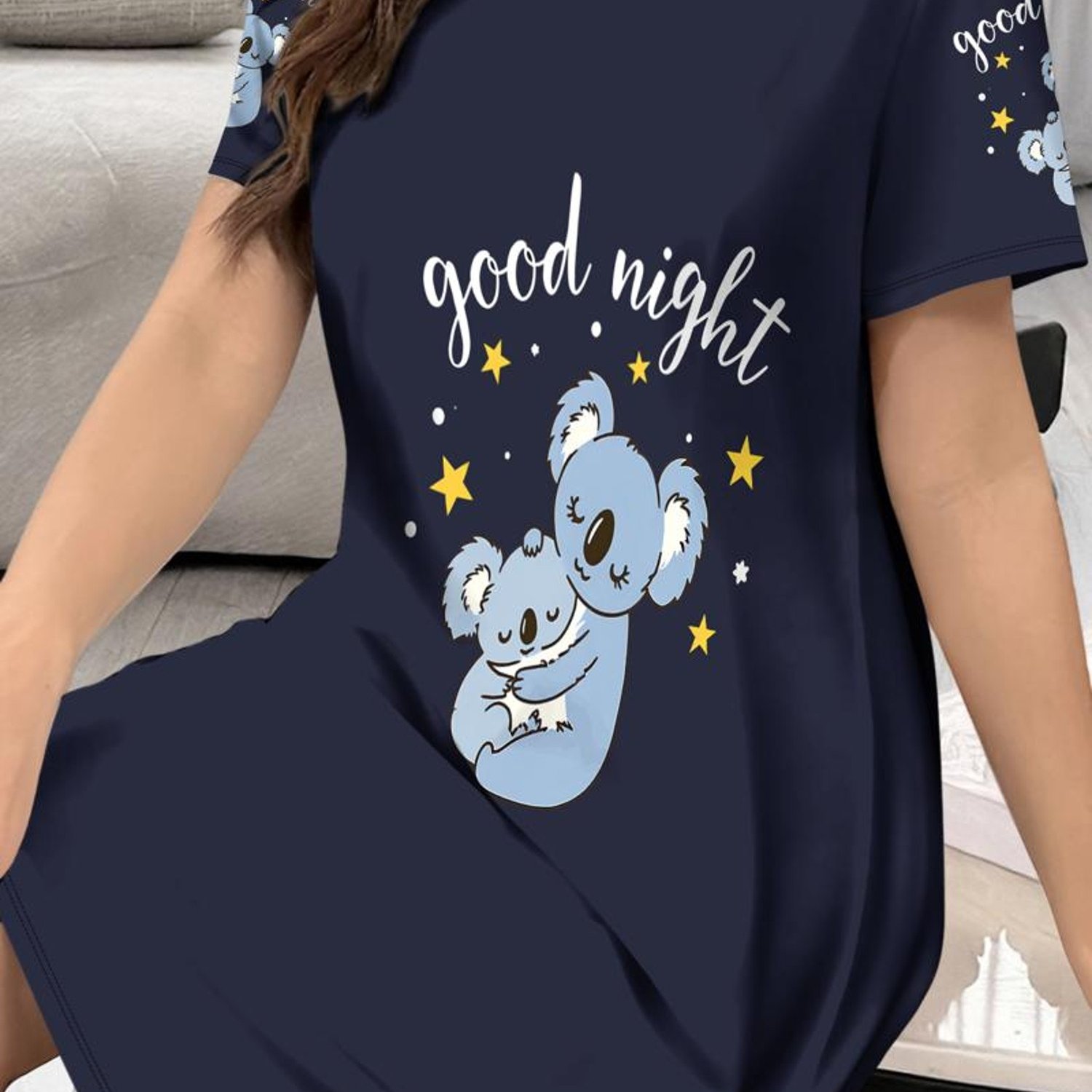 TEMU Women's Loungewear Top, Dark Blue Koala Print, Round Neck Short Sleeve, Fabric, Relaxed Fit, "" Text & Star Accents, Wear, Multiple Sizes
