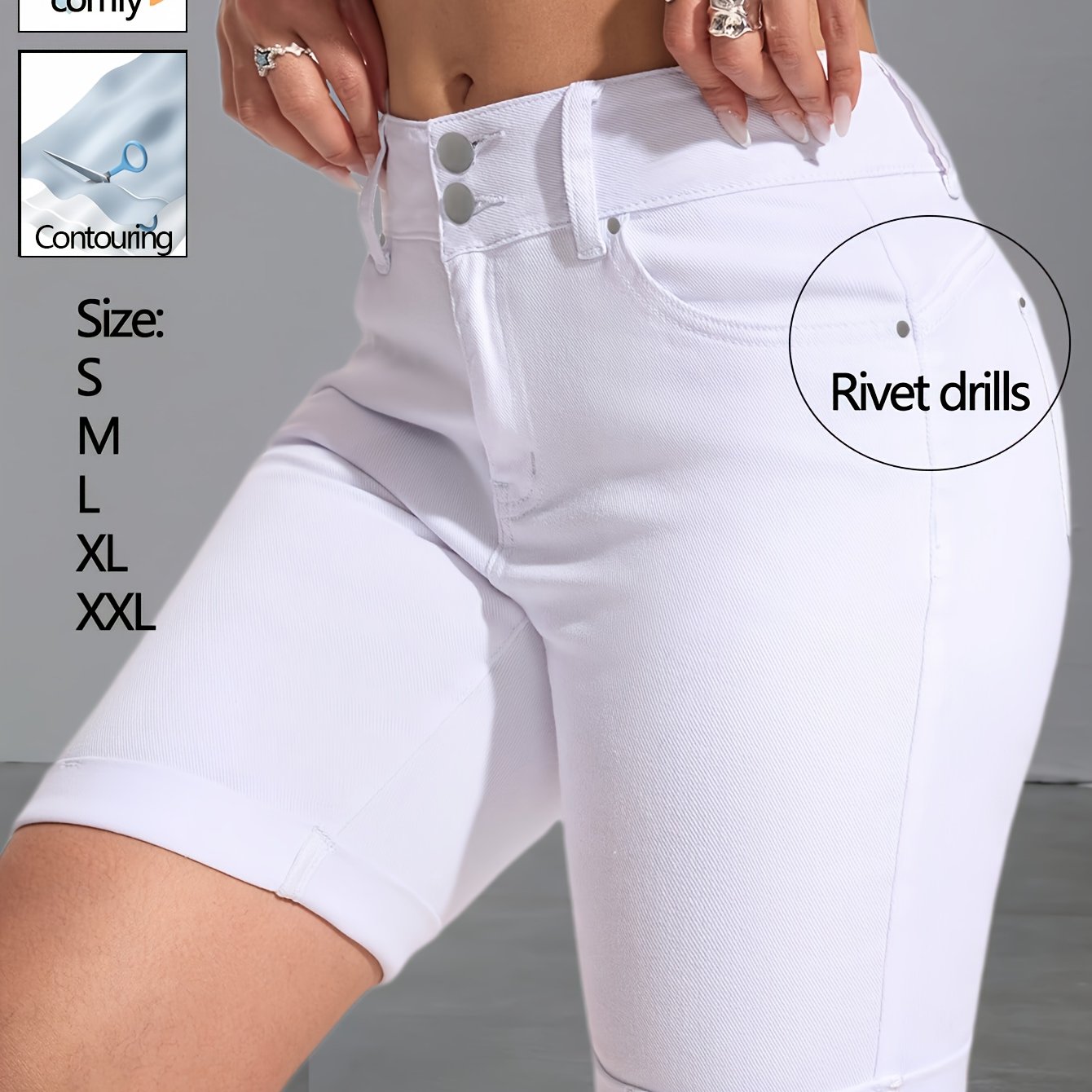 Women' Double-breasted Multi-stud Slim -lifting Elegant Stretch Denim Hot Pants