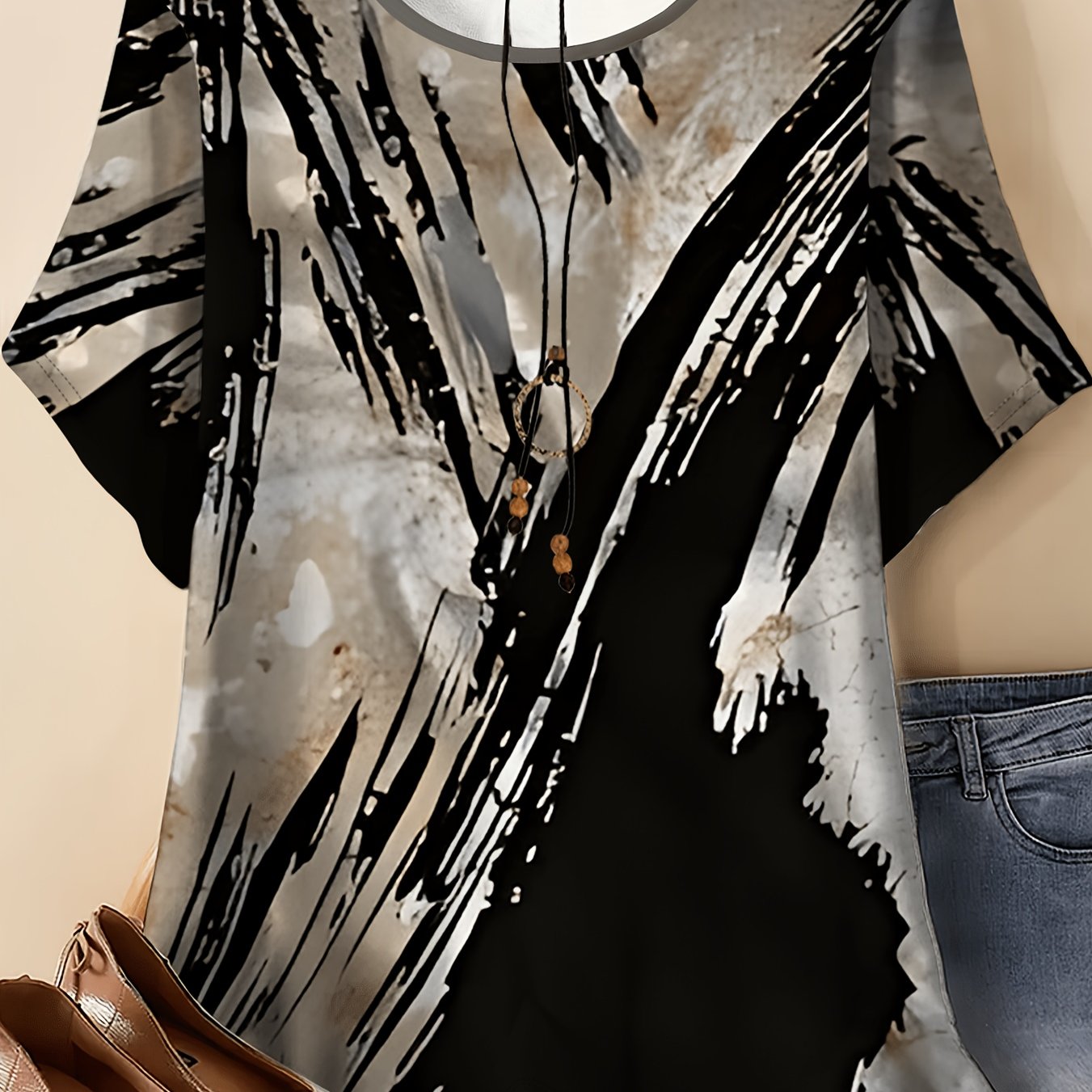 TEMU Women's Abstract Print Loose Short-sleeve T-shirt, Summer Fashion Casual Top, Simple And Versatile Batwing Sleeve Knitwear
