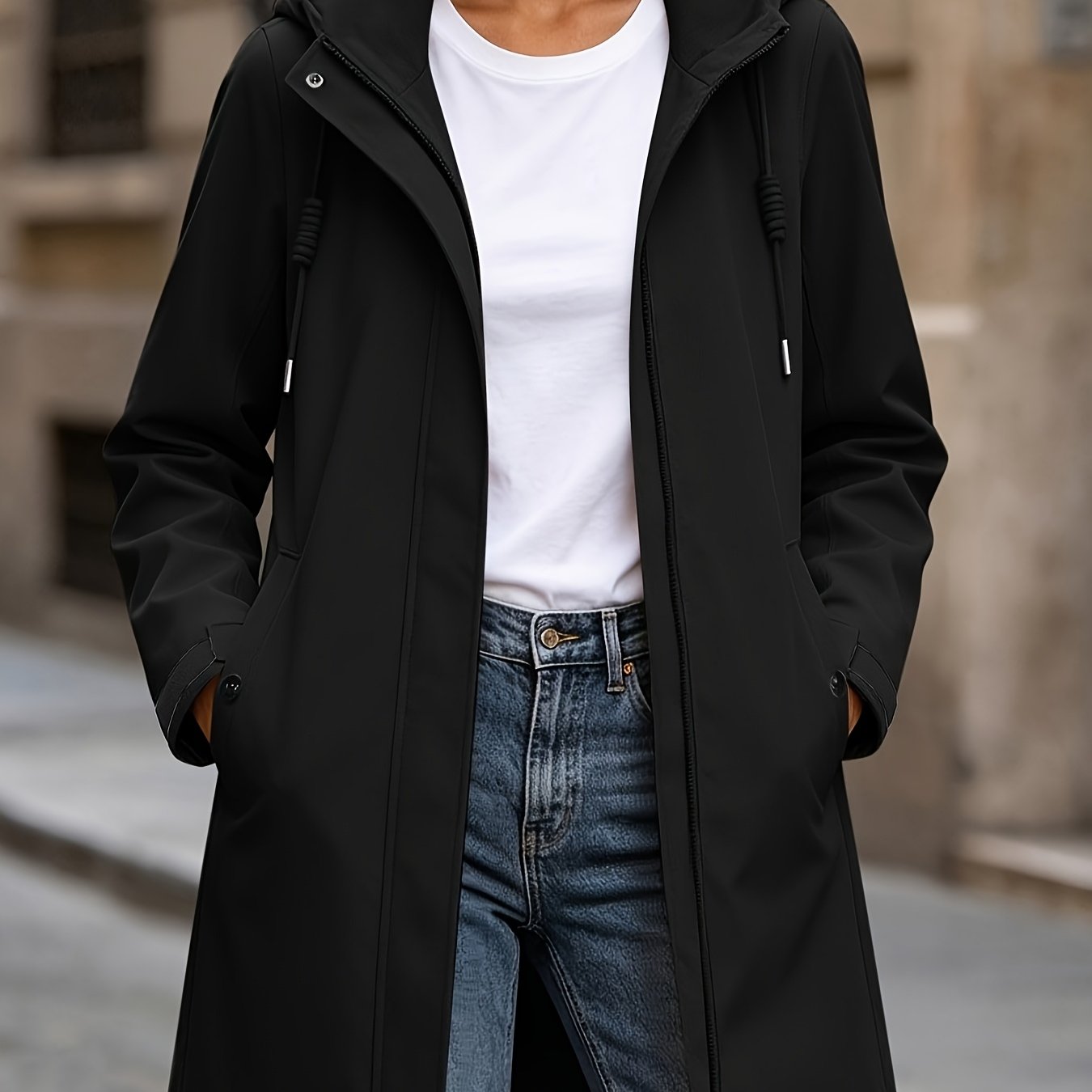 TEMU Nouveau trench-coat à capuche mi-long pour femmes, veste décontractée ample de printemps et d'automne, veste d'extérieur à cordon de serrage et