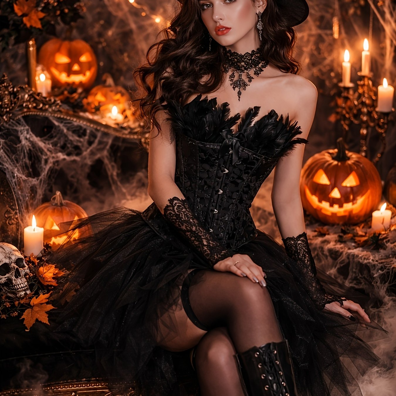 . Jacquard Bodycon Slim Fit + Tutu Mesh Skirt Set, Halloween Black Swan Shapewear Set