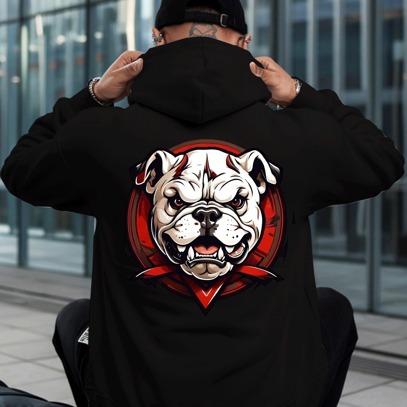TEMU Men's Hoodie - Black With Bulldog Head Print Sweatshirt, Soft And Warm Fabric For Autumn And Winter Street Style Pullover, Perfect Gift For Dog