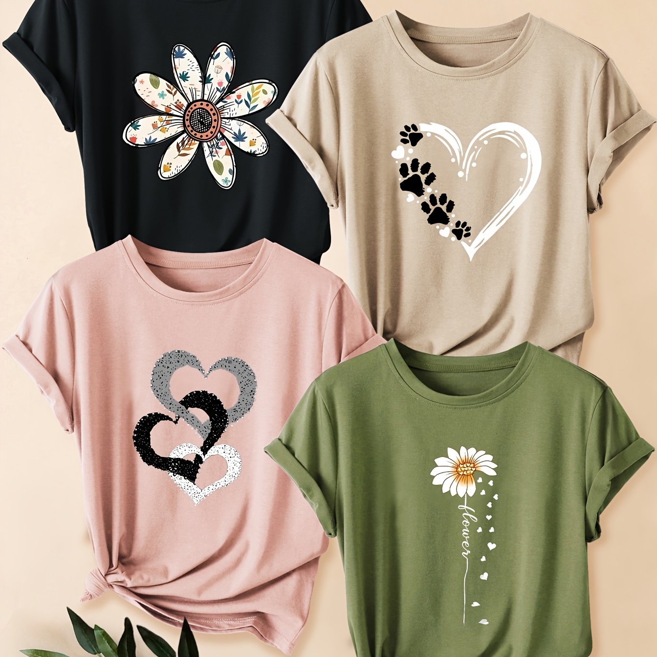 E-shop 4 Stück Damen Vintage Blumen & Herzdruck T-Shirts - Lässiger Rundhalsausschnitt, Kurzarm, Dehnbarer Stoff, Mehrfarbige Optionen für Sommer,