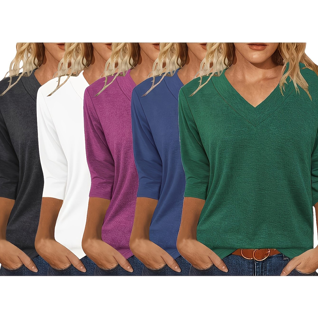 5pcs Women's Spring/summer 3/4 Sleeve Top Set, V-neck Casual Loose Basic Shirt, Comfortable Breathable Fashion 3/4 Sleeve T-shirt