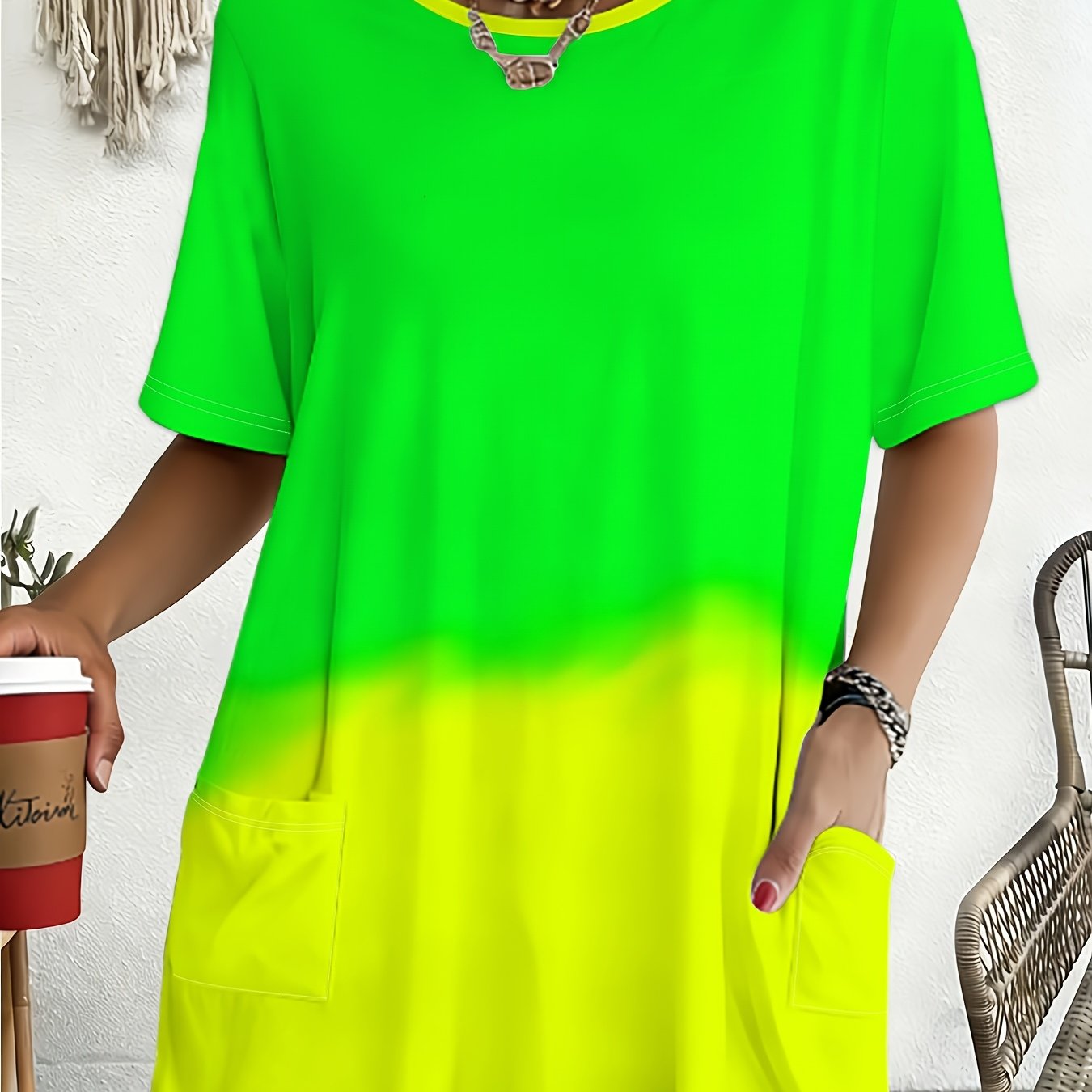 TEMU Gradient Color Loose Short-sleeved T-shirt Women's Plus Size Casual Top Fashionable And Covering Meat Style