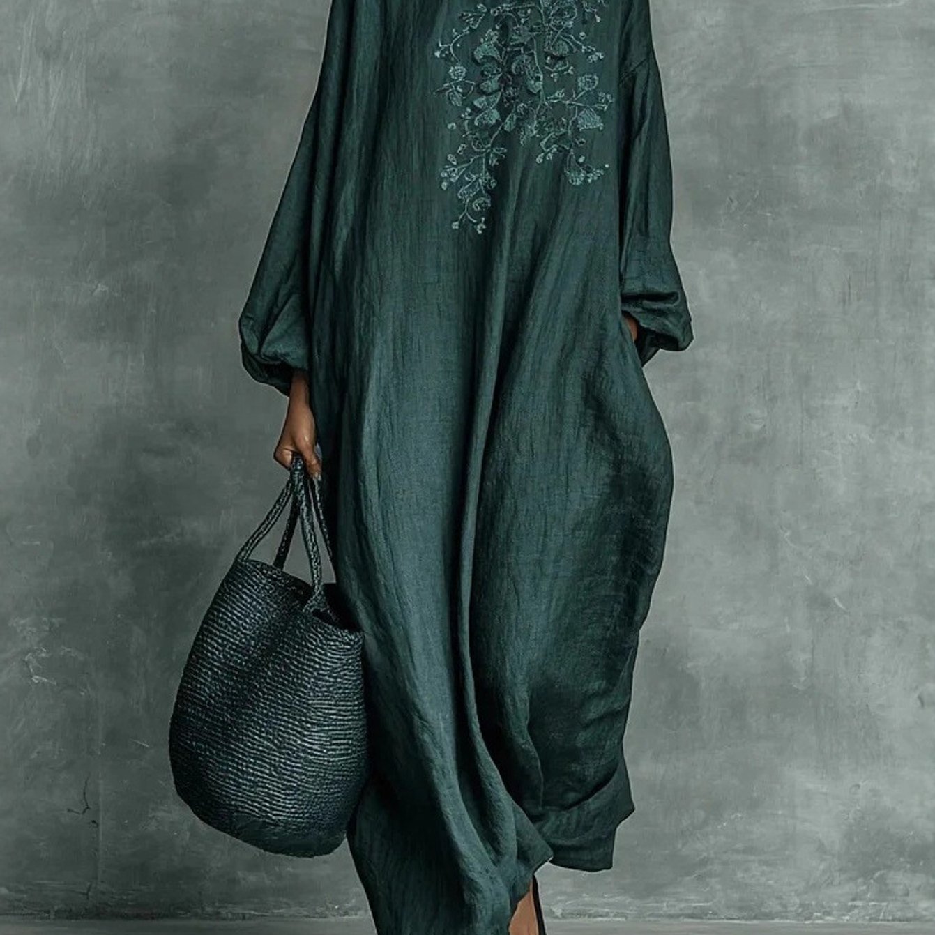 Women's Vintage Chinese Style Frog Button Maxi Dress, Linen Loose Long Sleeve Qipao Inspired Dress