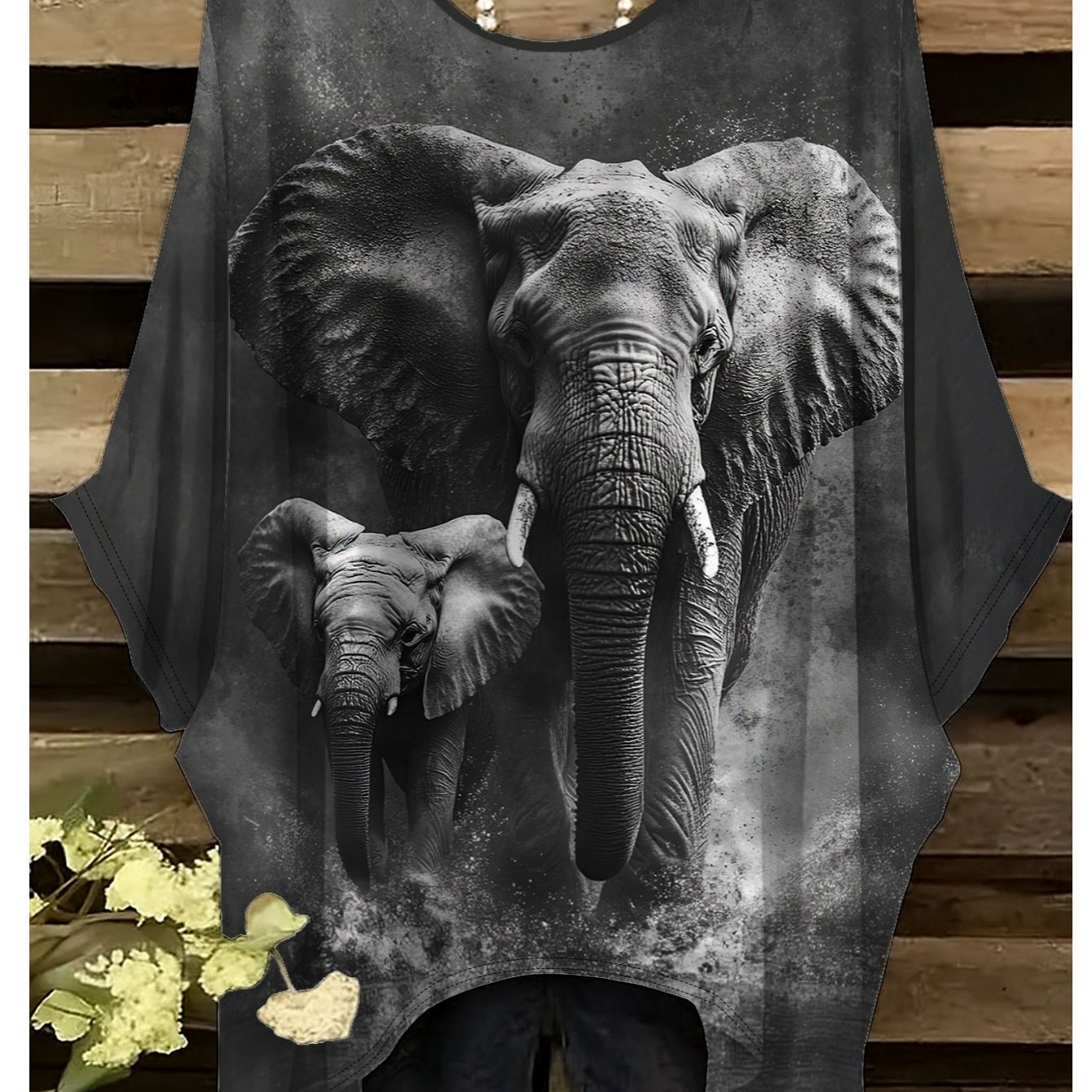 TEMU Plus Size, Women's Plus Size Oversized Short Sleeve T-shirt With Elephant Print & Irregular Hem - Vintage Streetwear Round Neck Blouse Suitable