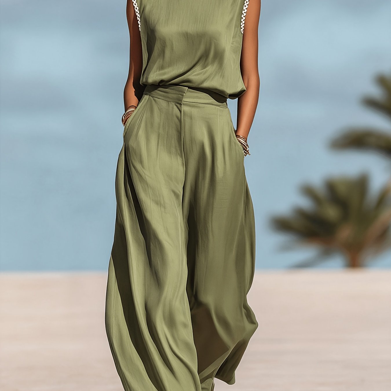 Women's Summer Elegant Style Simple Solid Color Set, Stylish And Elegant Top And Long Pants