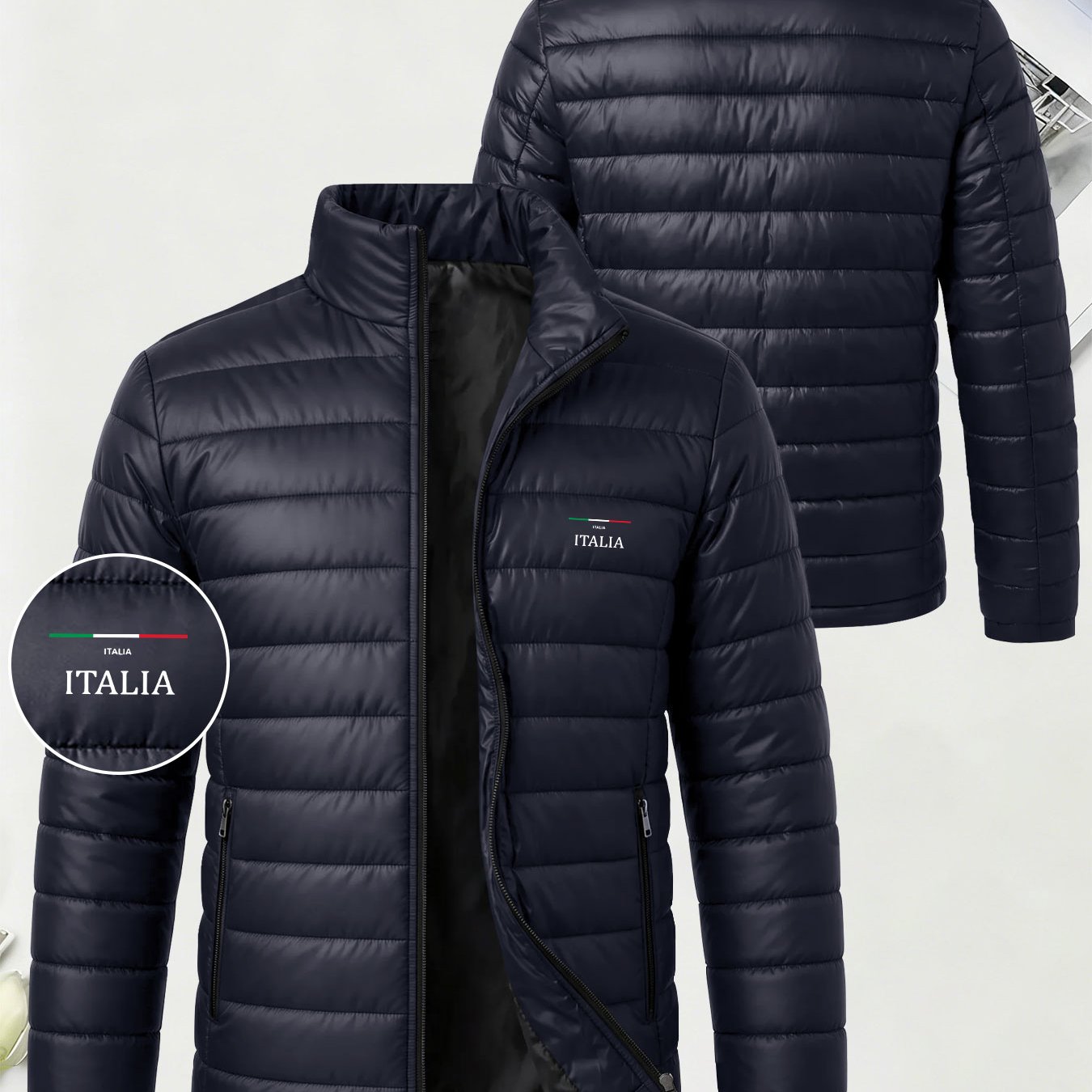 TEMU Men's Stand Collar Padded Coat, Three- Accent Print, Warm Outerwear With Zipper Pockets, Durable Commuter Padded Coat For In Autumn And Winter