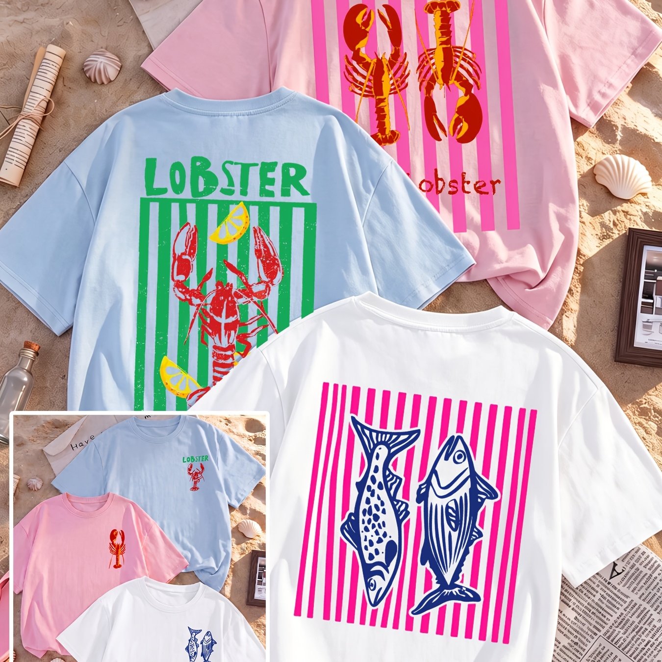 TEMU Women's Summer Loose T-shirt 3pcs Set, Retro Vertical Stripes Lobster And Fish Print Short Sleeve Combination, Seafood Pattern Back Print Round