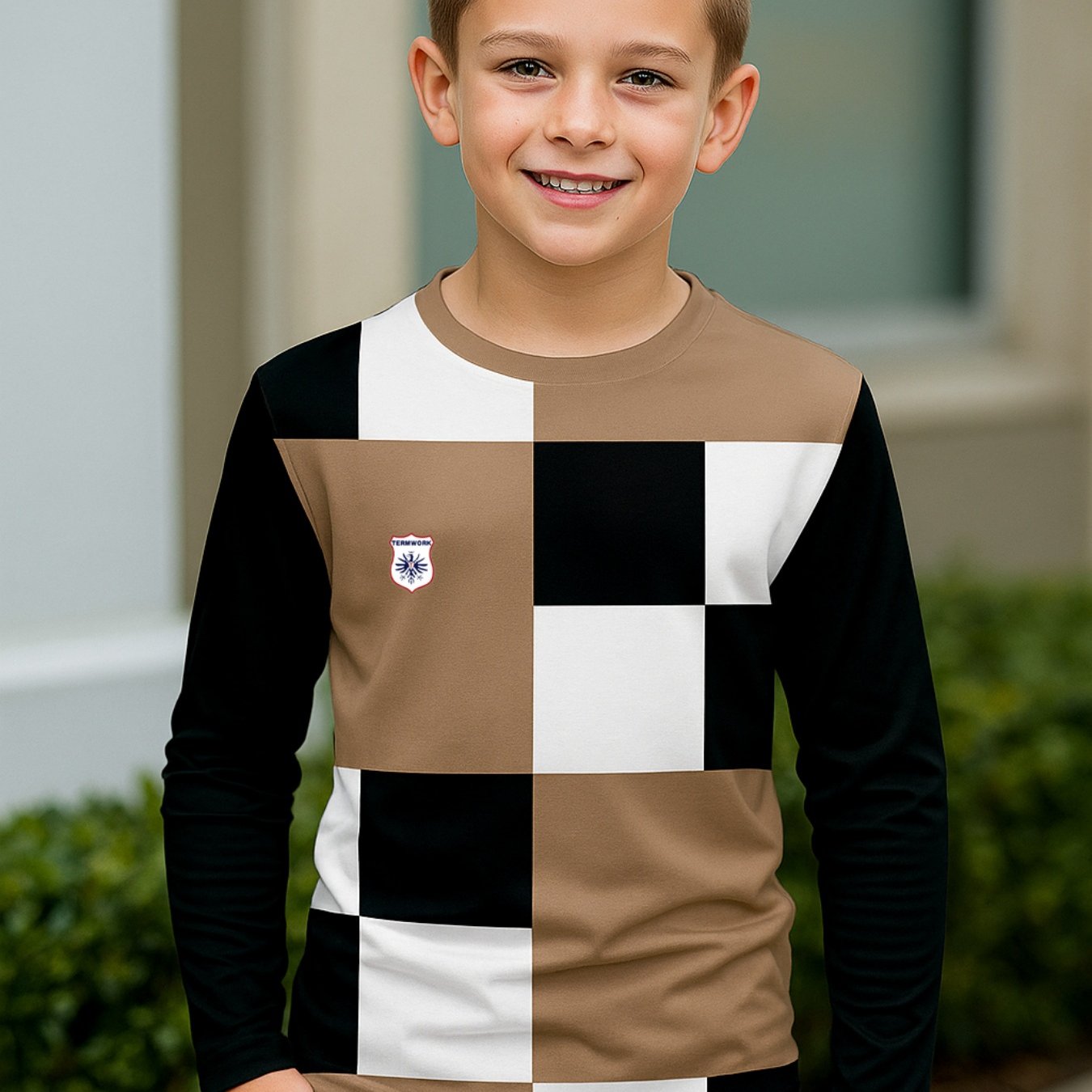 TEMU ' Vintage British Full-body Badge Print T-shirt - Brown/ Checkered Long Sleeve Casual Top, Round Neck Retro Shirt For Uniforms & Casual Attire