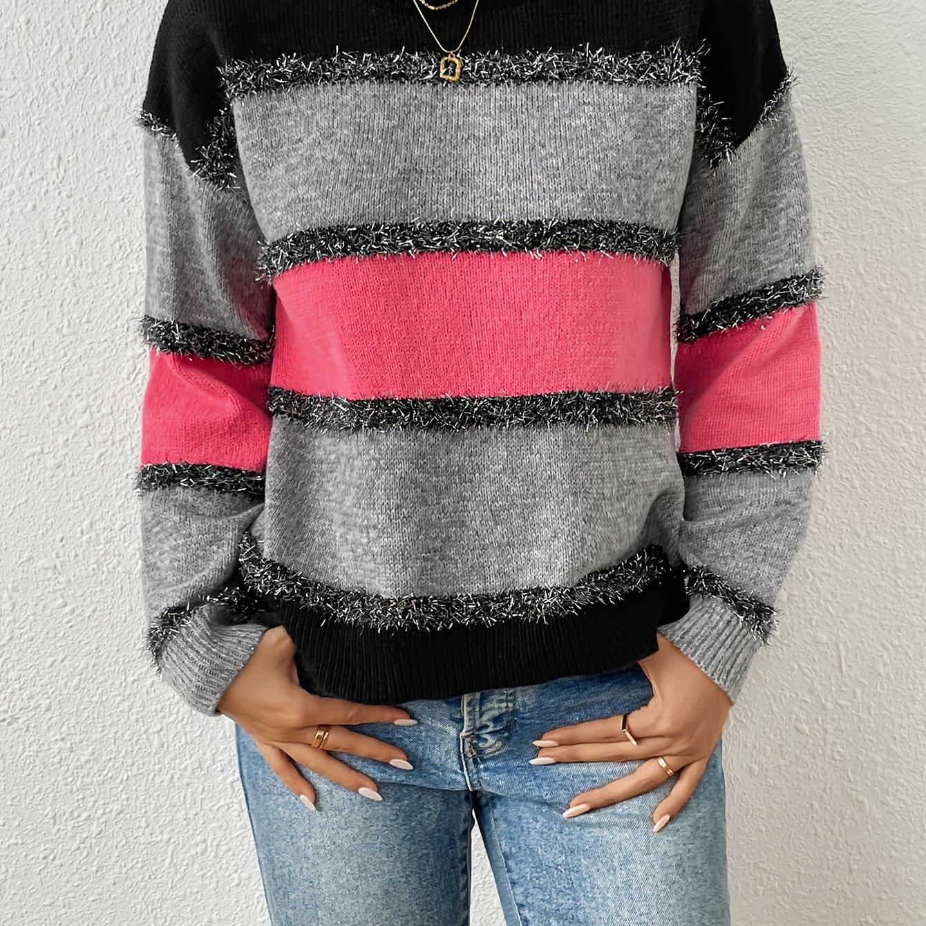Elegant Women's Color- Drop Shoulder Round Neck Pullover Sweater