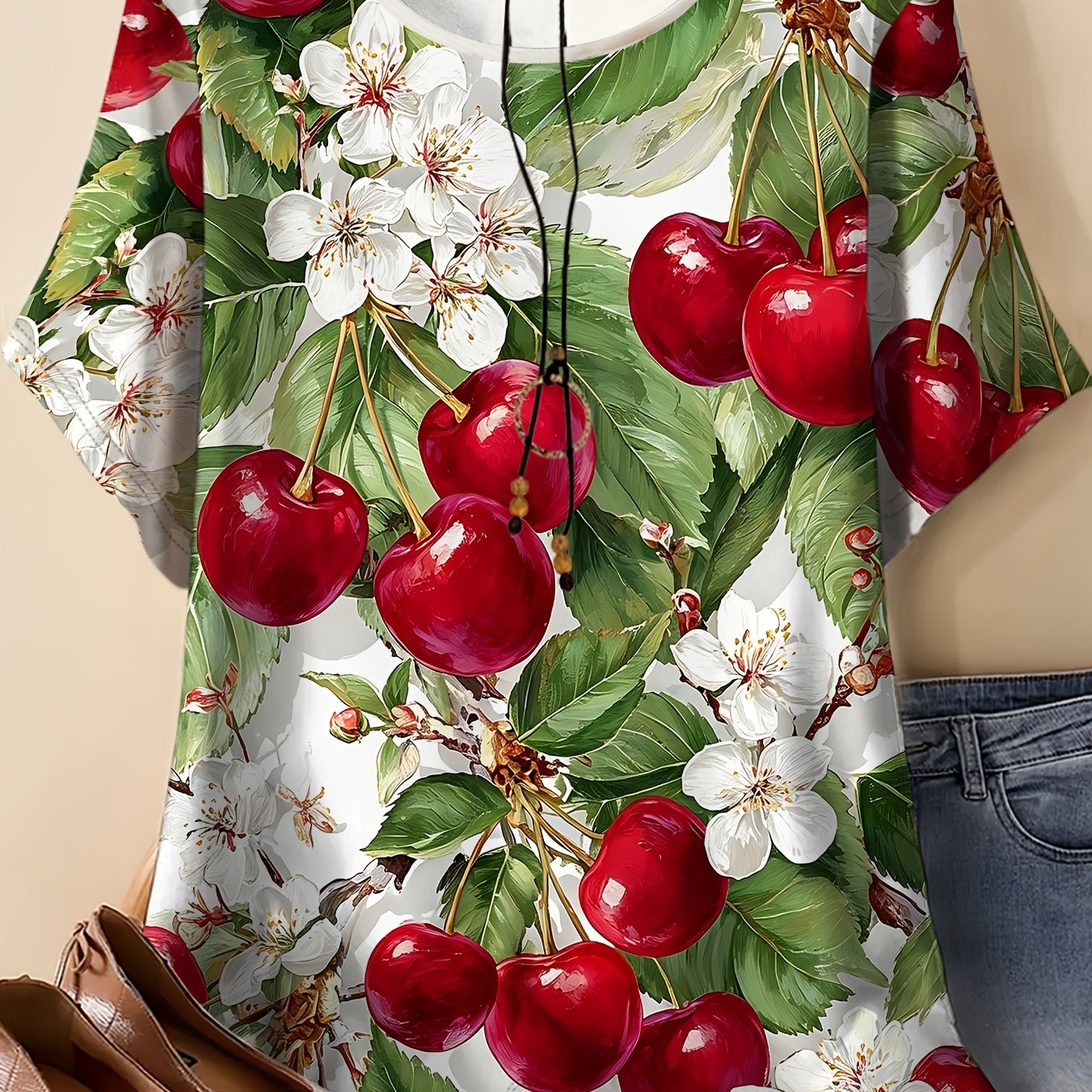 TEMU Plus Size Women's T-shirt, Round Neck Short Sleeve, Cherry White Floral Oil Painting Fruit Flowers Print, Lightweight Comfortable, Vibrant