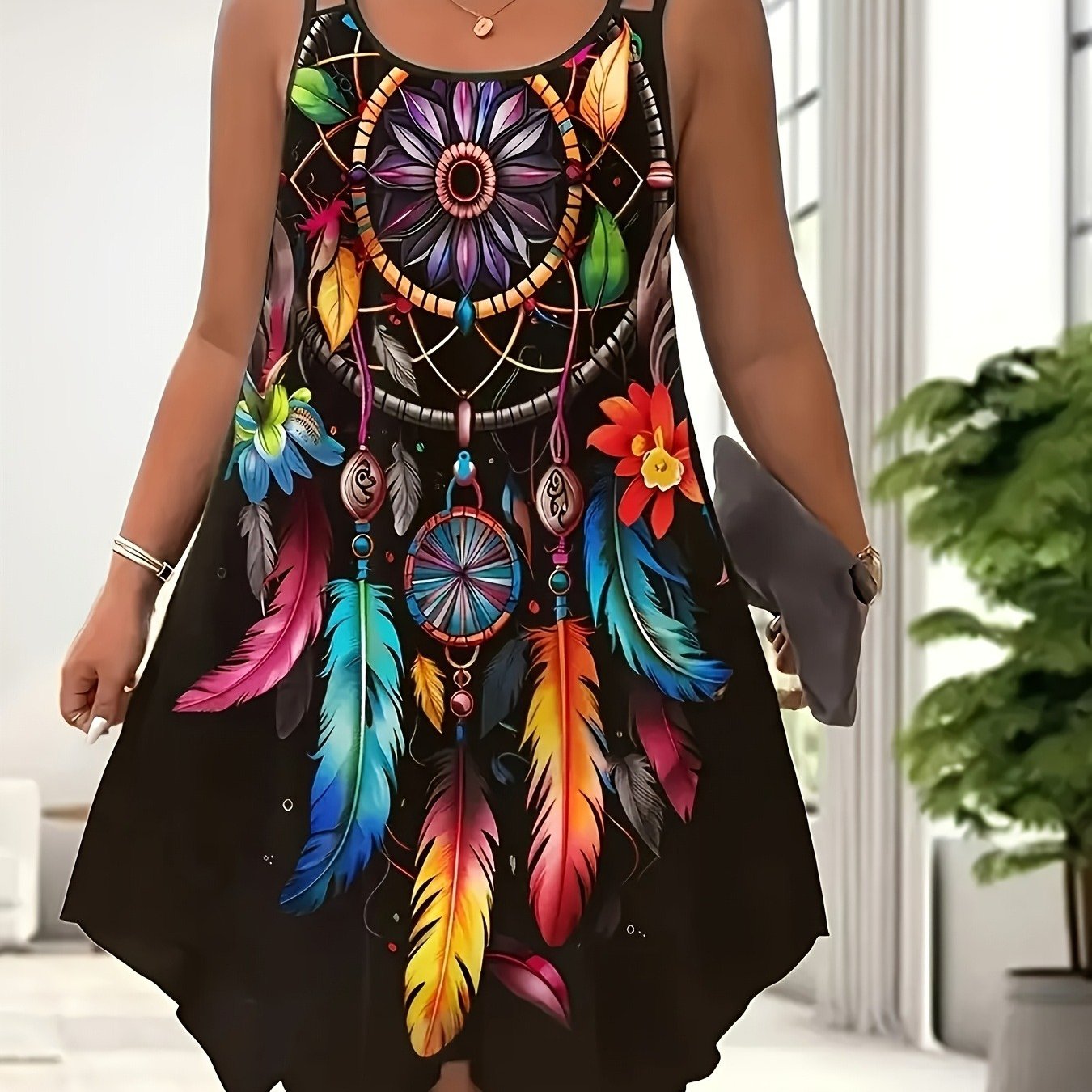Image of Women's Plus Size Bohemian Tribal Print Dress - With Asymmetrical Hem & Round Neck, Sleeveless Stretchy Machine-washable Clothing For Lounge, Clothing, Or Casual Outfits